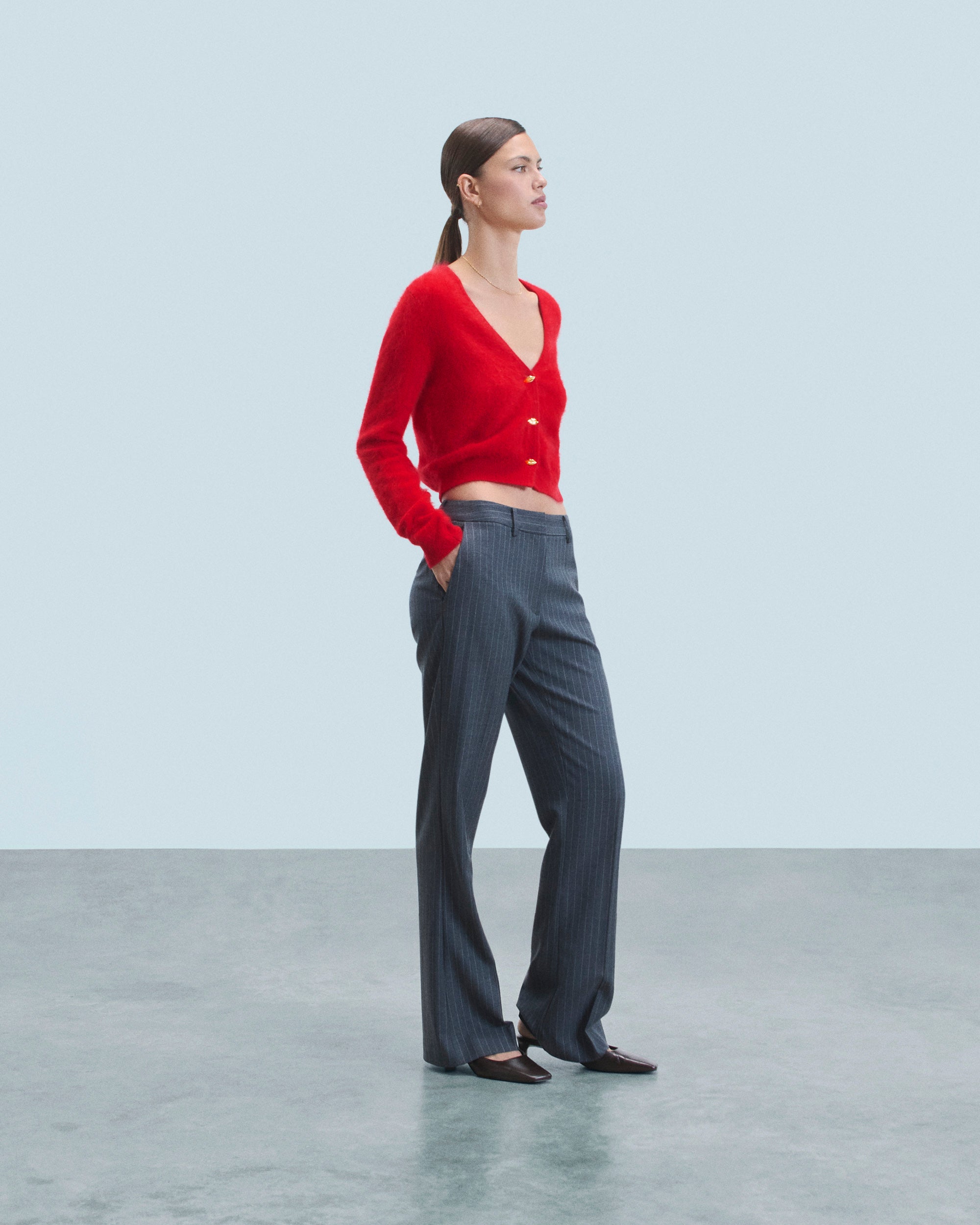 HOT RED / NEW / QTY : 1 / Pull Cardigan en Cachemire Brossé Boutons Bijoux - Hot Red