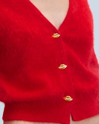 HOT RED / NEW / QTY : 1 / Pull Cardigan en Cachemire Brossé Boutons Bijoux - Hot Red
