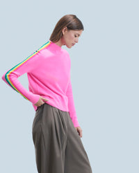 DREAMY PINK / NEW / QTY : 9 / Pull Col Montant Bandes Manches Multicolores Léger - Dreamy Pink