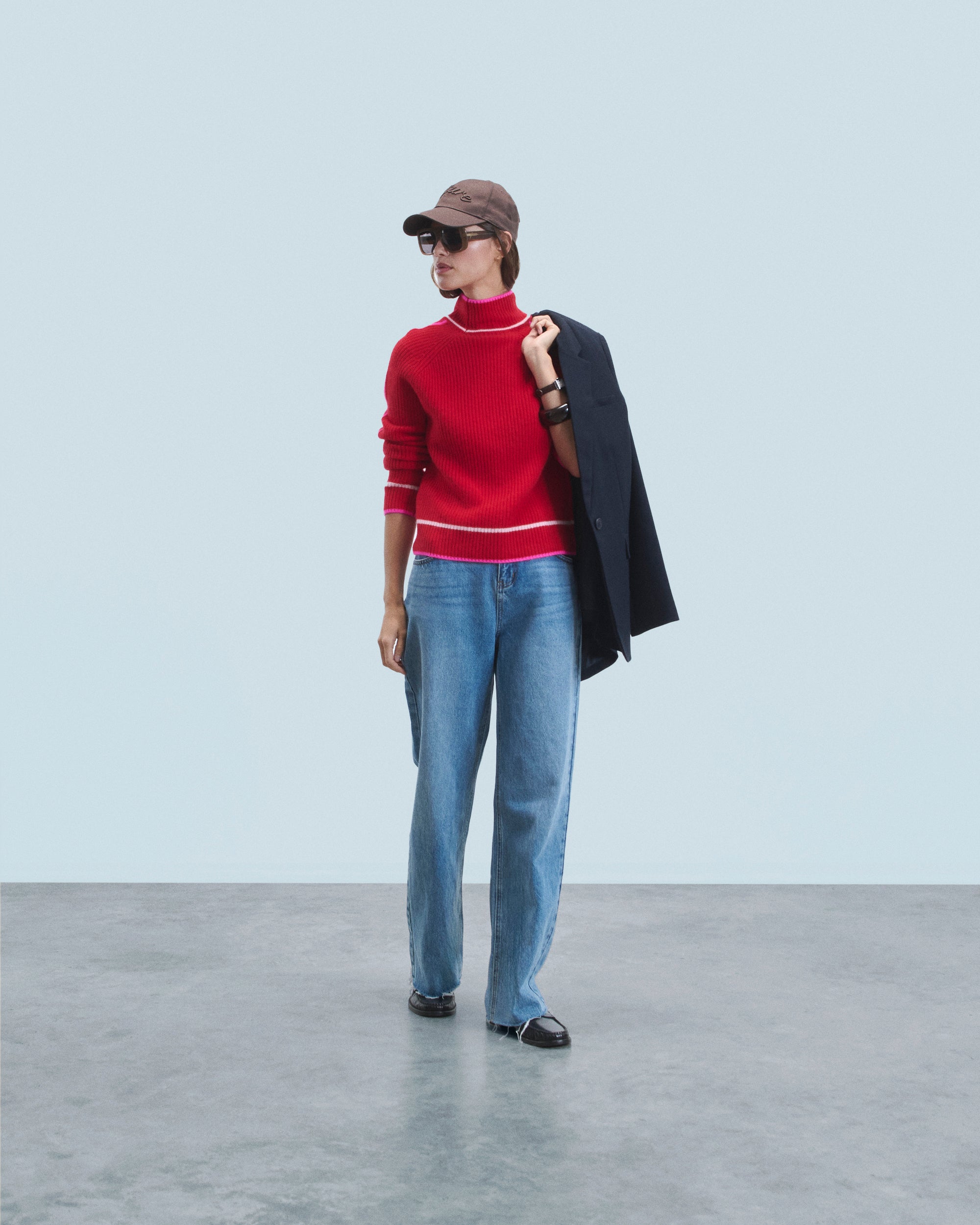 BRIGHT RED / NEW / QTY : 0 / Pull Col Montant Tricolore Maille Perlée - Bright Red