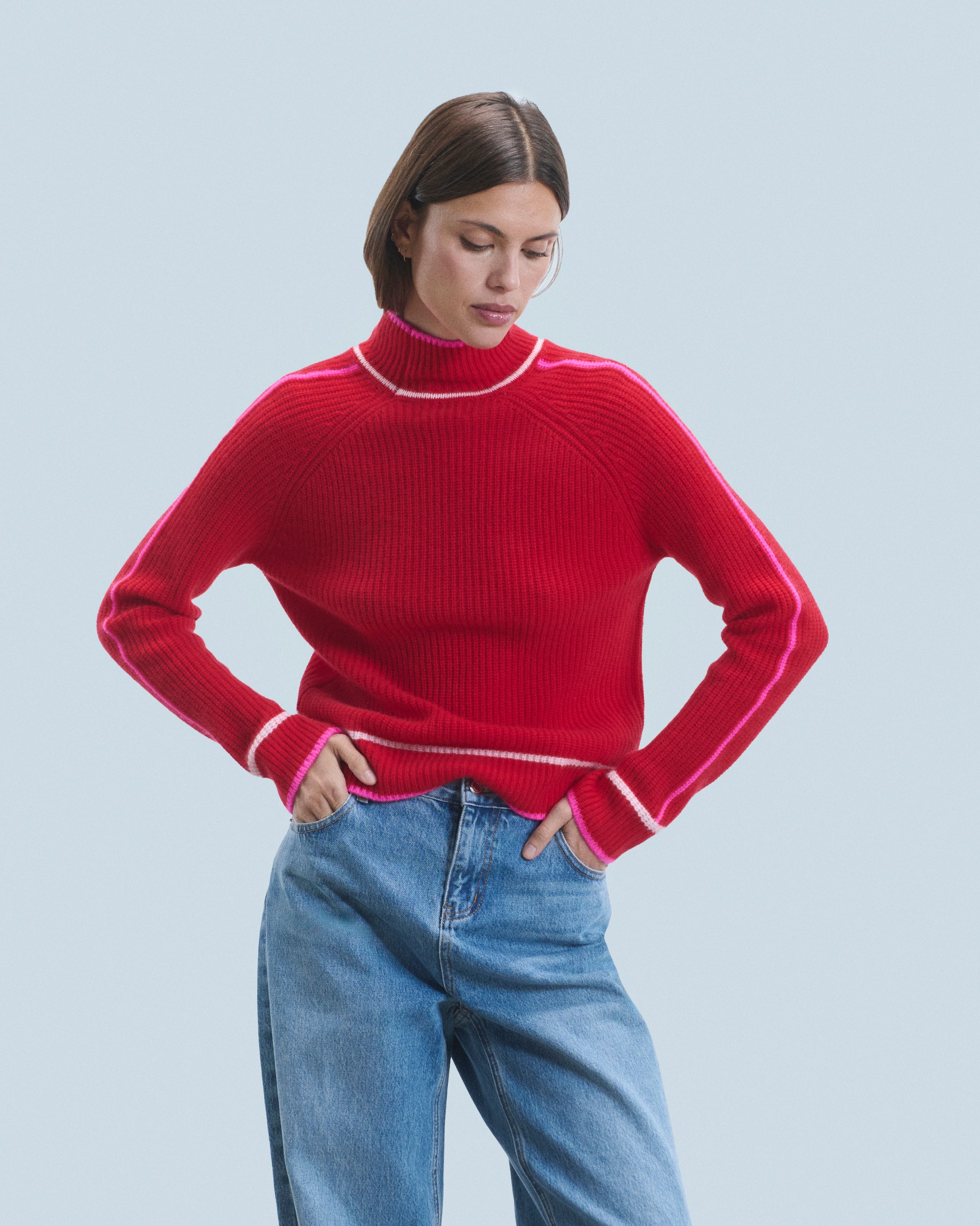 BRIGHT RED / NEW / QTY : 0 / Pull Col Montant Tricolore Maille Perlée - Bright Red