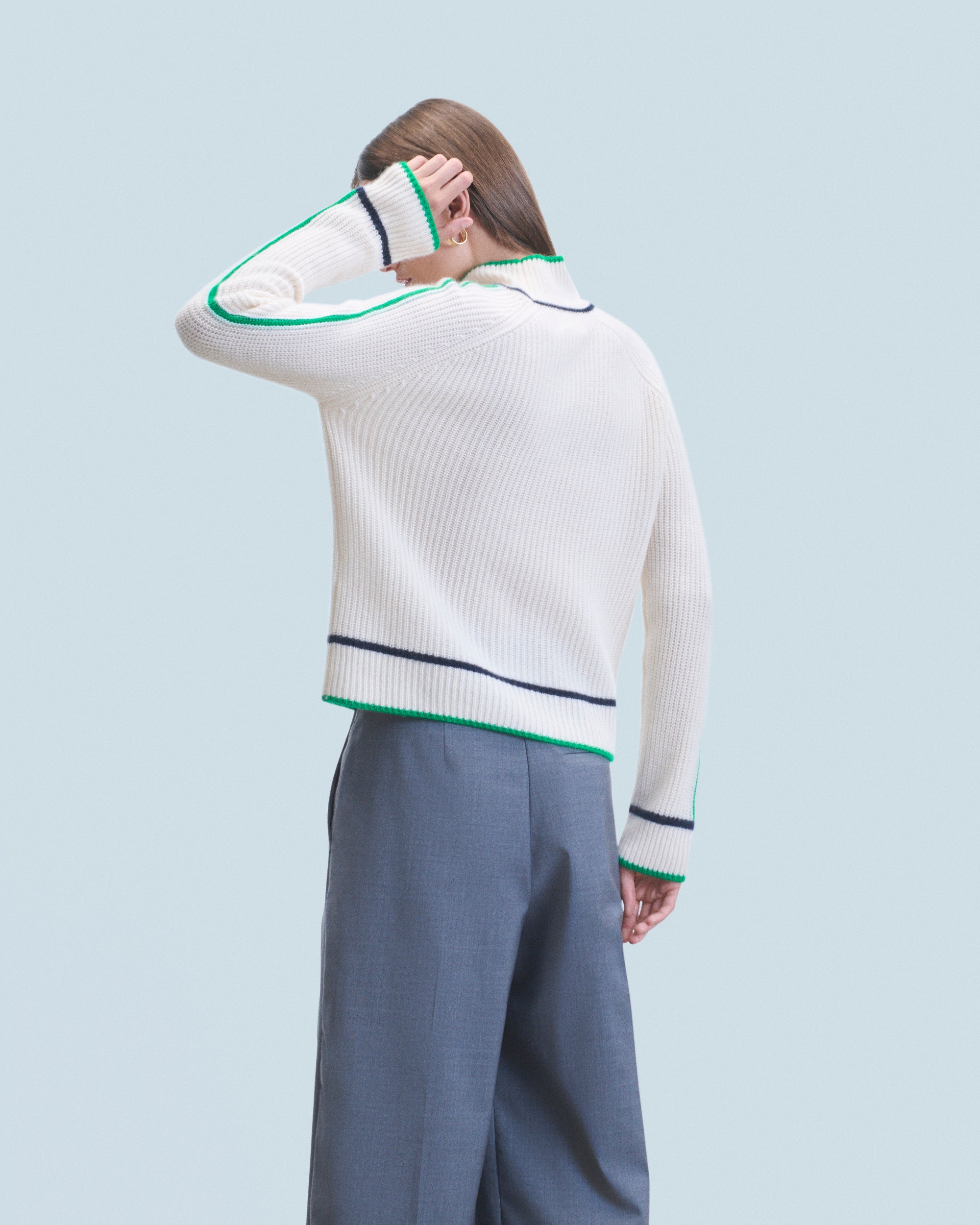 Pull col montant Tricolore maille perlée en cachemire - Ecru