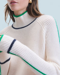 ECRU / DJV / QTY : 0 / Pull Col Montant Tricolore Maille Perlée - Ecru