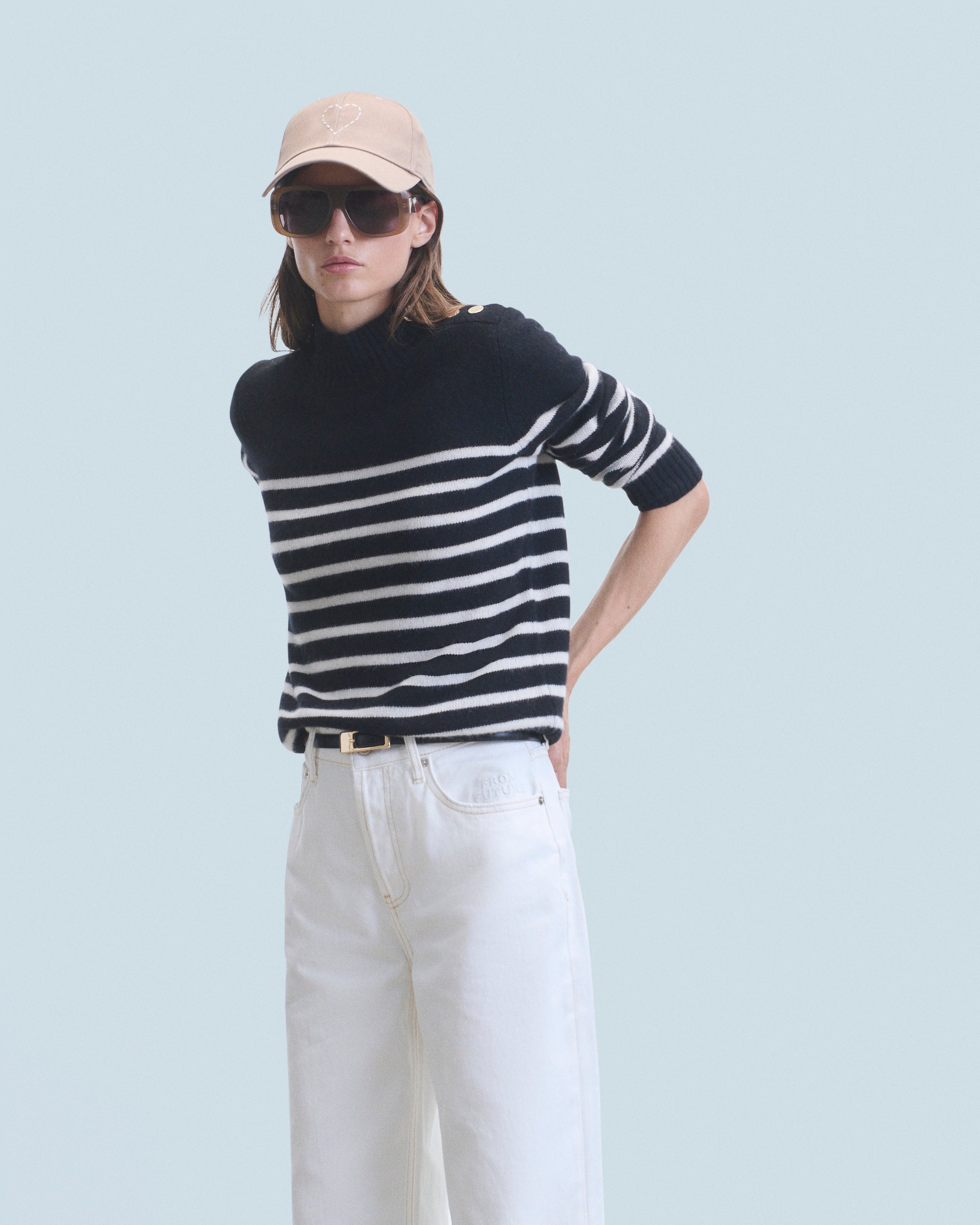 NOIR / DJV / QTY : 12 / Pull Col Montant Marinière à Boutons - Noir