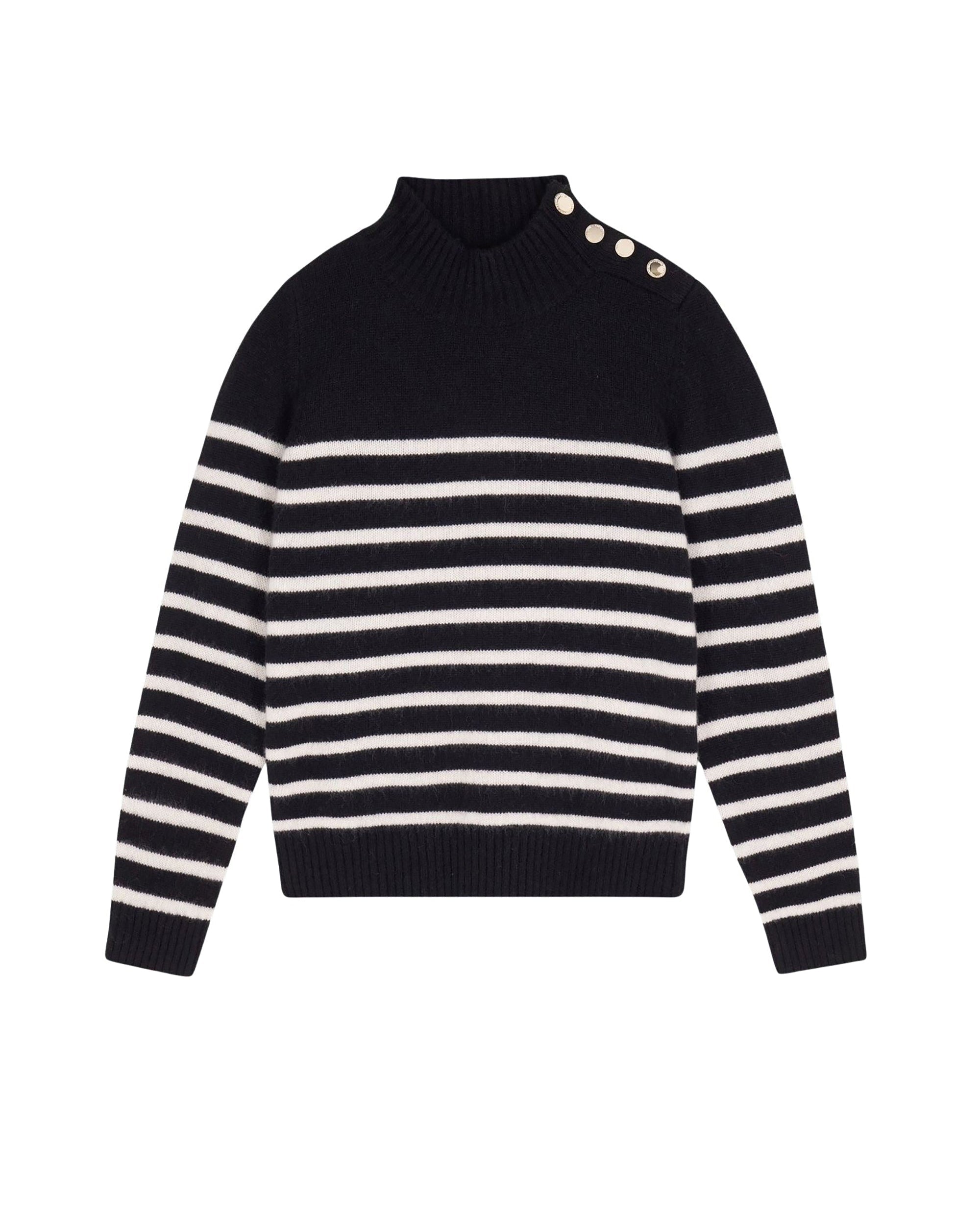 Pull col montant Marinière à Boutons en cachemire - Noir
