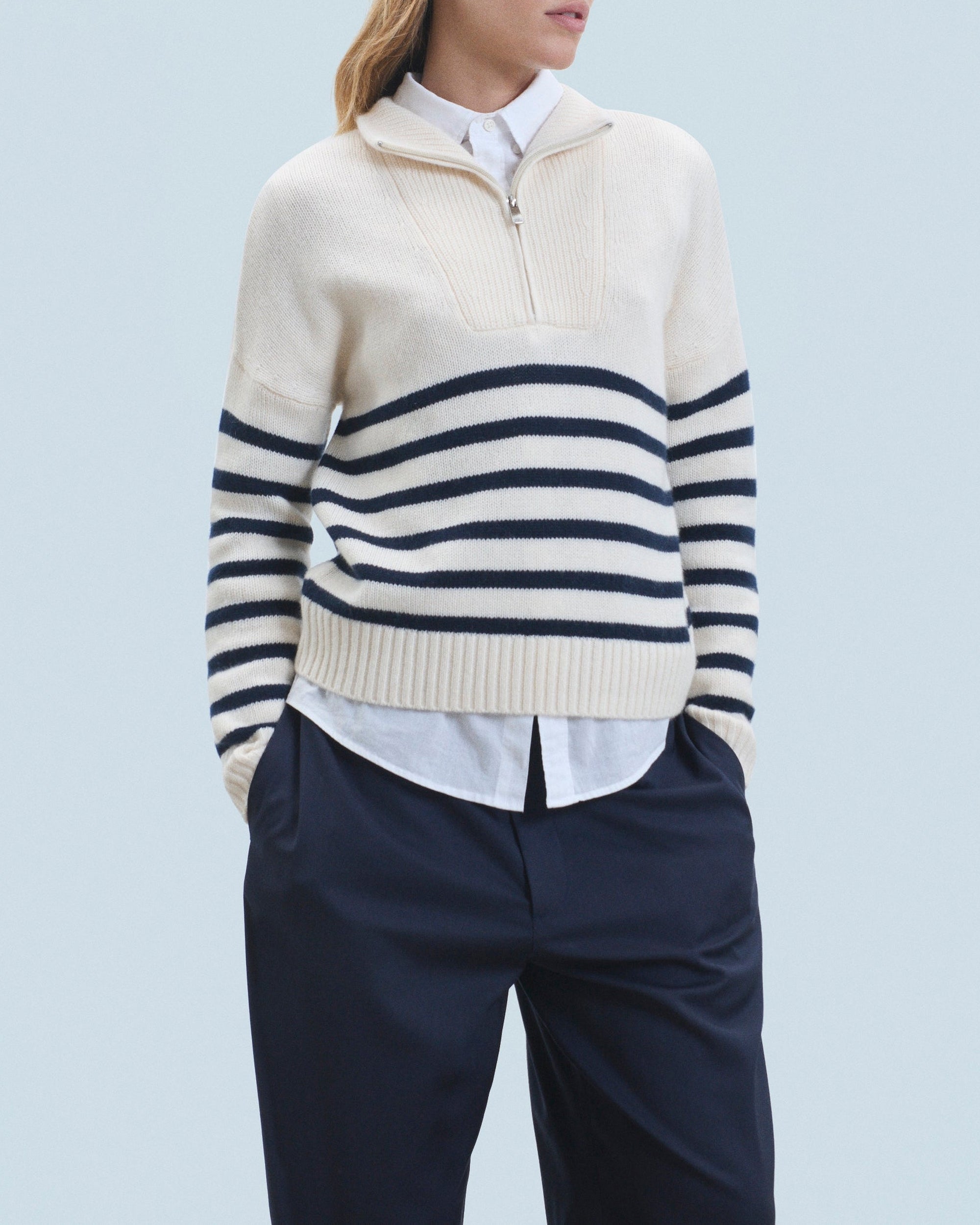 Cashmere Marinière truck-neck jumper - Ecru