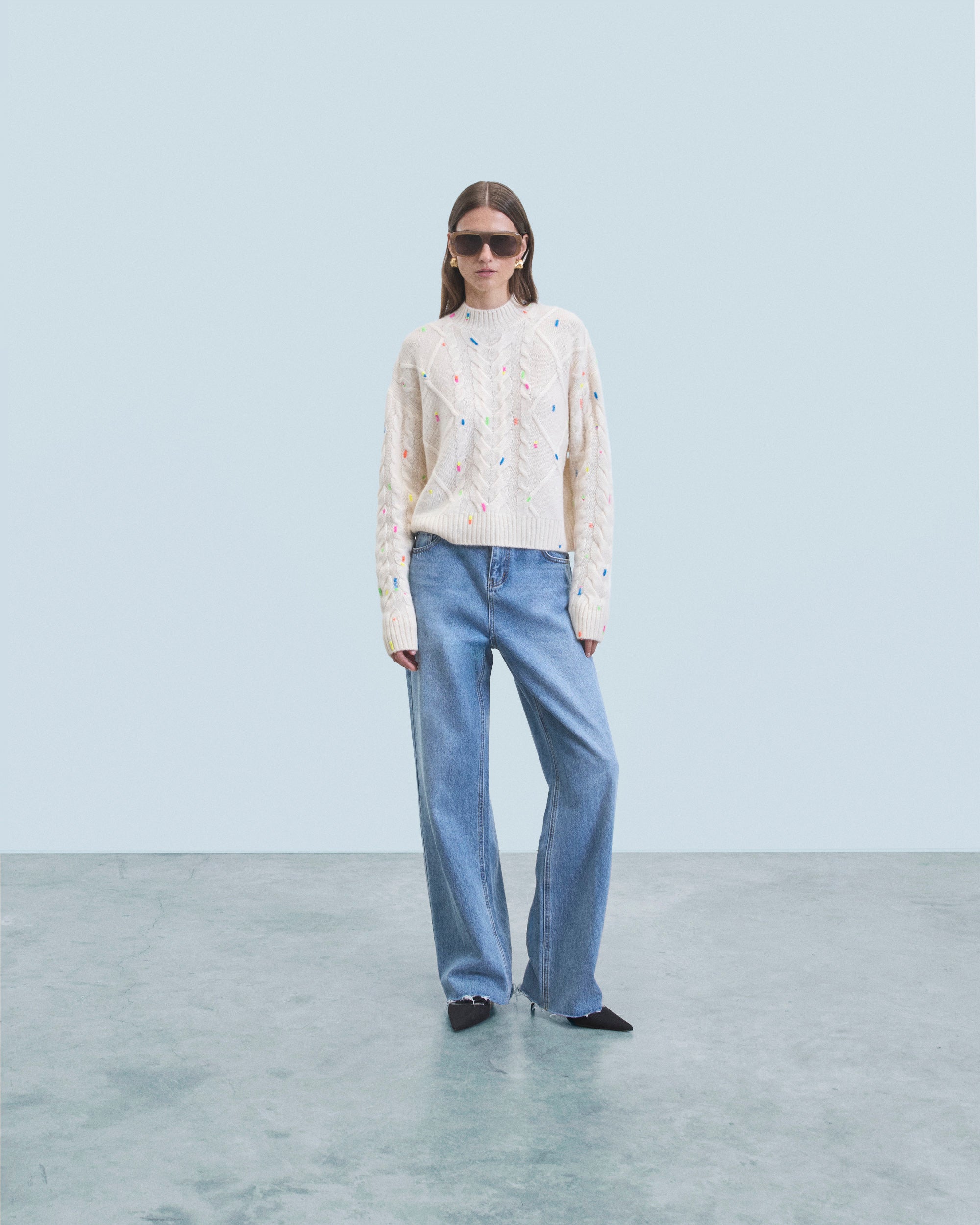 ECRU / NEW / QTY : 28 / Pull Col Rond Torsades Multicolore - Ecru
