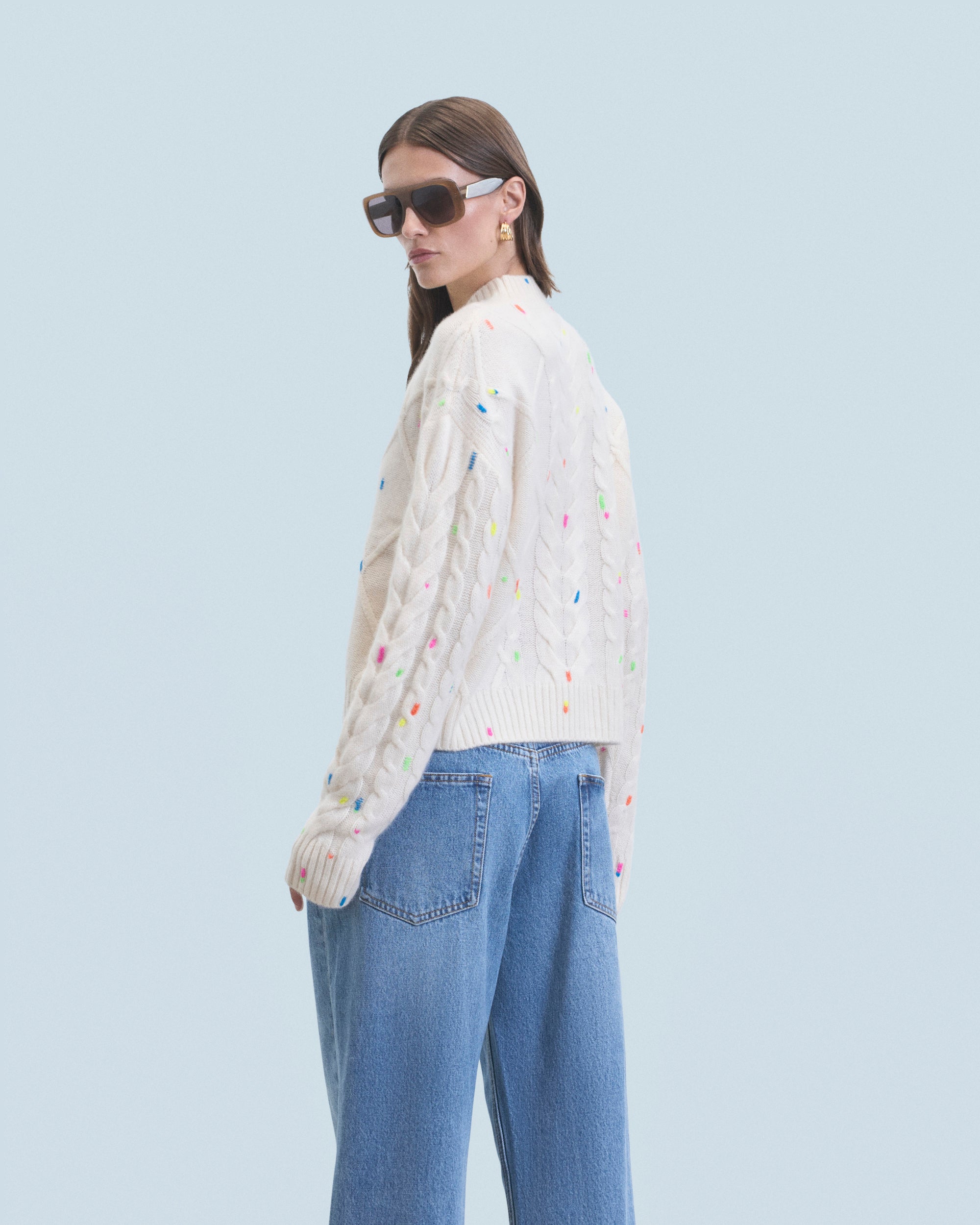 ECRU / NEW / QTY : 28 / Pull Col Rond Torsades Multicolore - Ecru