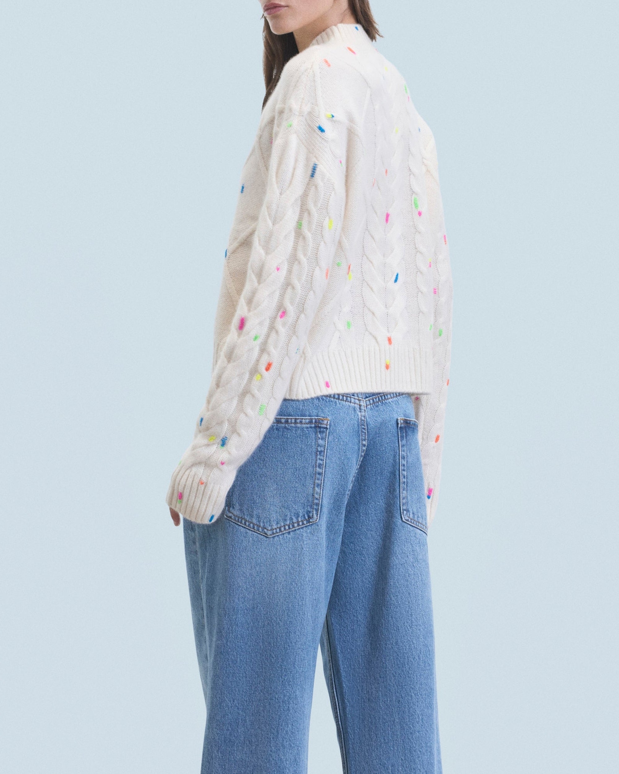 Pull à col rond multicolore en cachemire - Ecru
