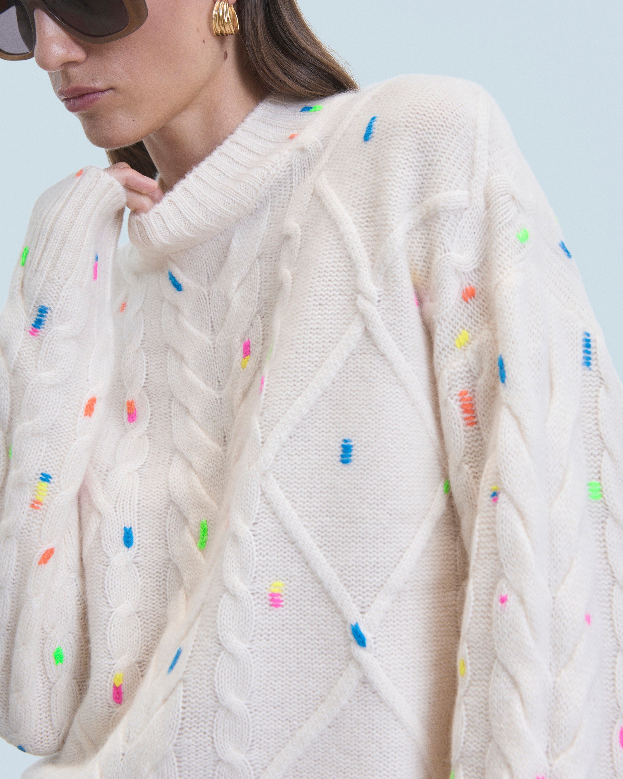 Pull à col rond multicolore en cachemire - Ecru