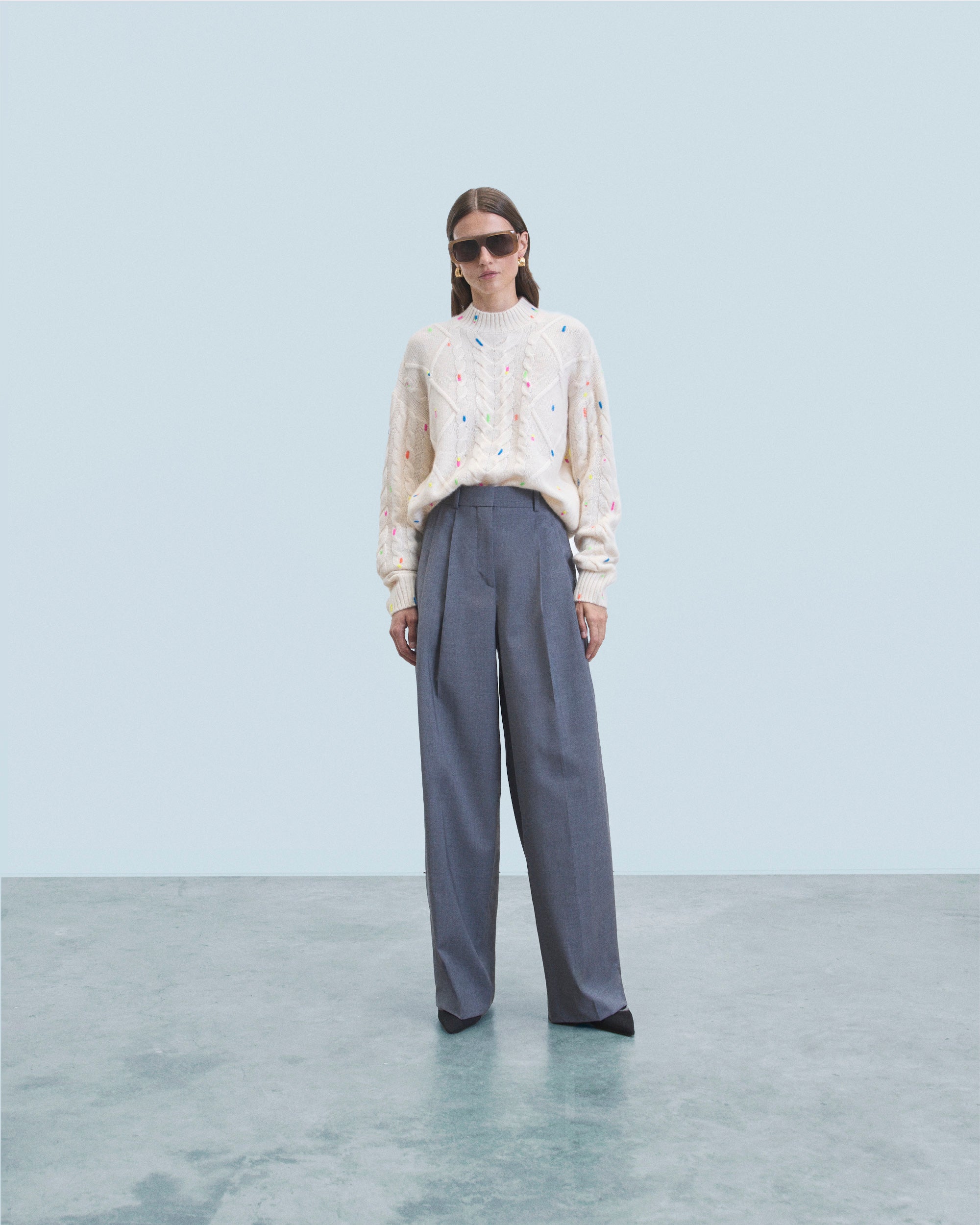 ECRU / NEW / QTY : 28 / Pull Col Rond Torsades Multicolore - Ecru