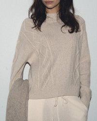 Pull col montant à torsades en cachemire - Beige Mouline