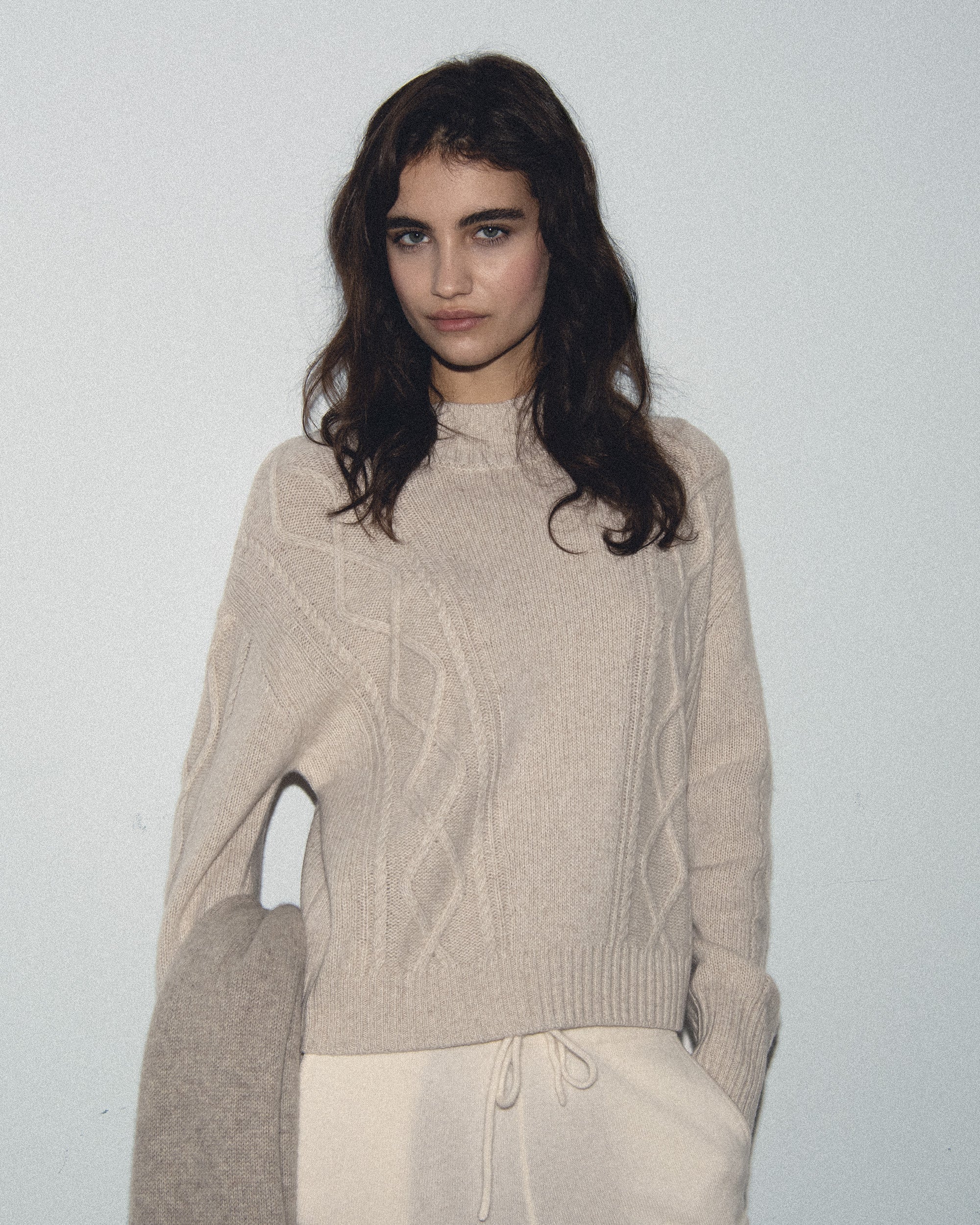 BEIGE MOULINE / DJV / QTY : 10 / Pull Col Montant Torsades - Beige Mouline