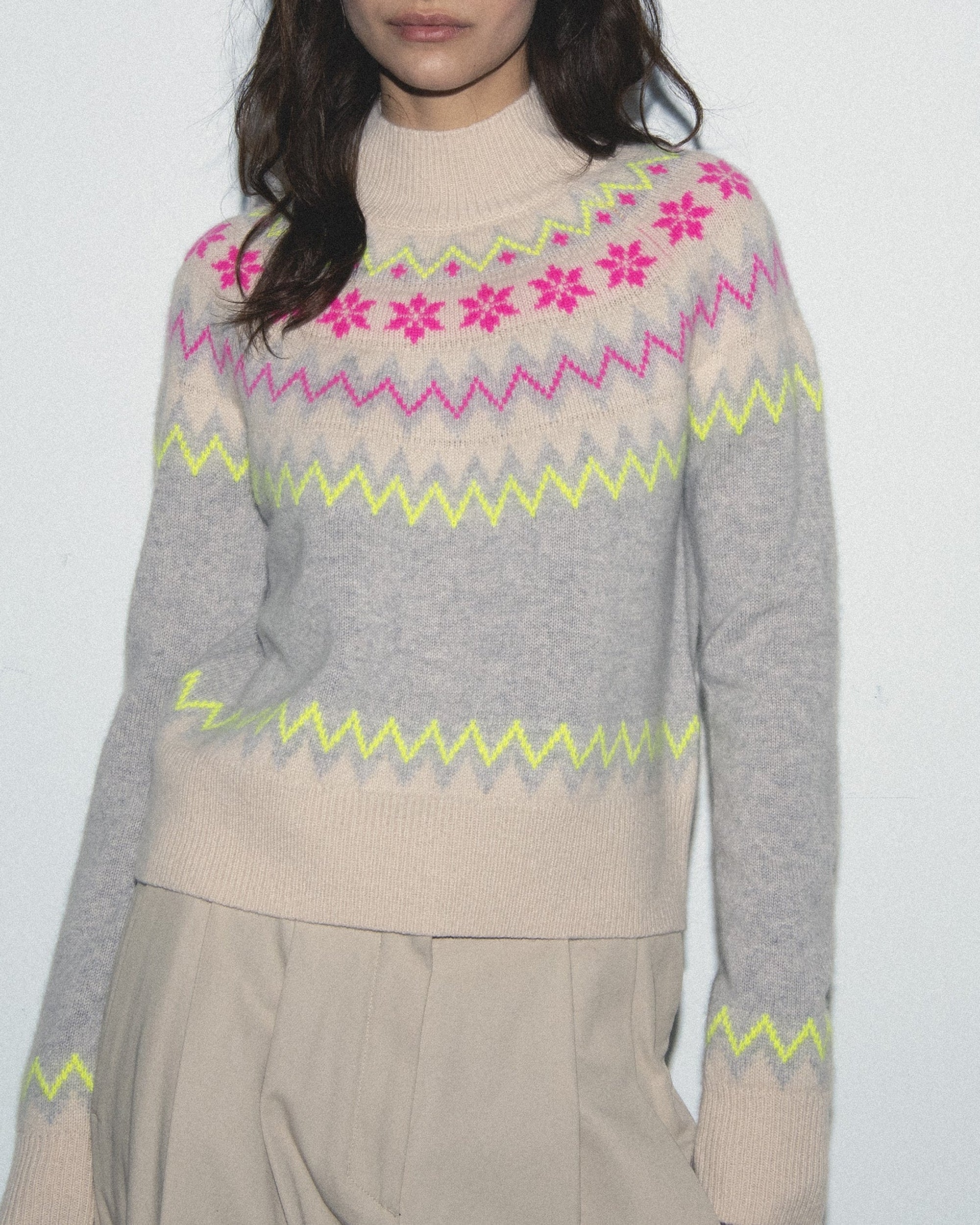 Pull à col montant Norvégien en cachemire - Gris Chiné Clair