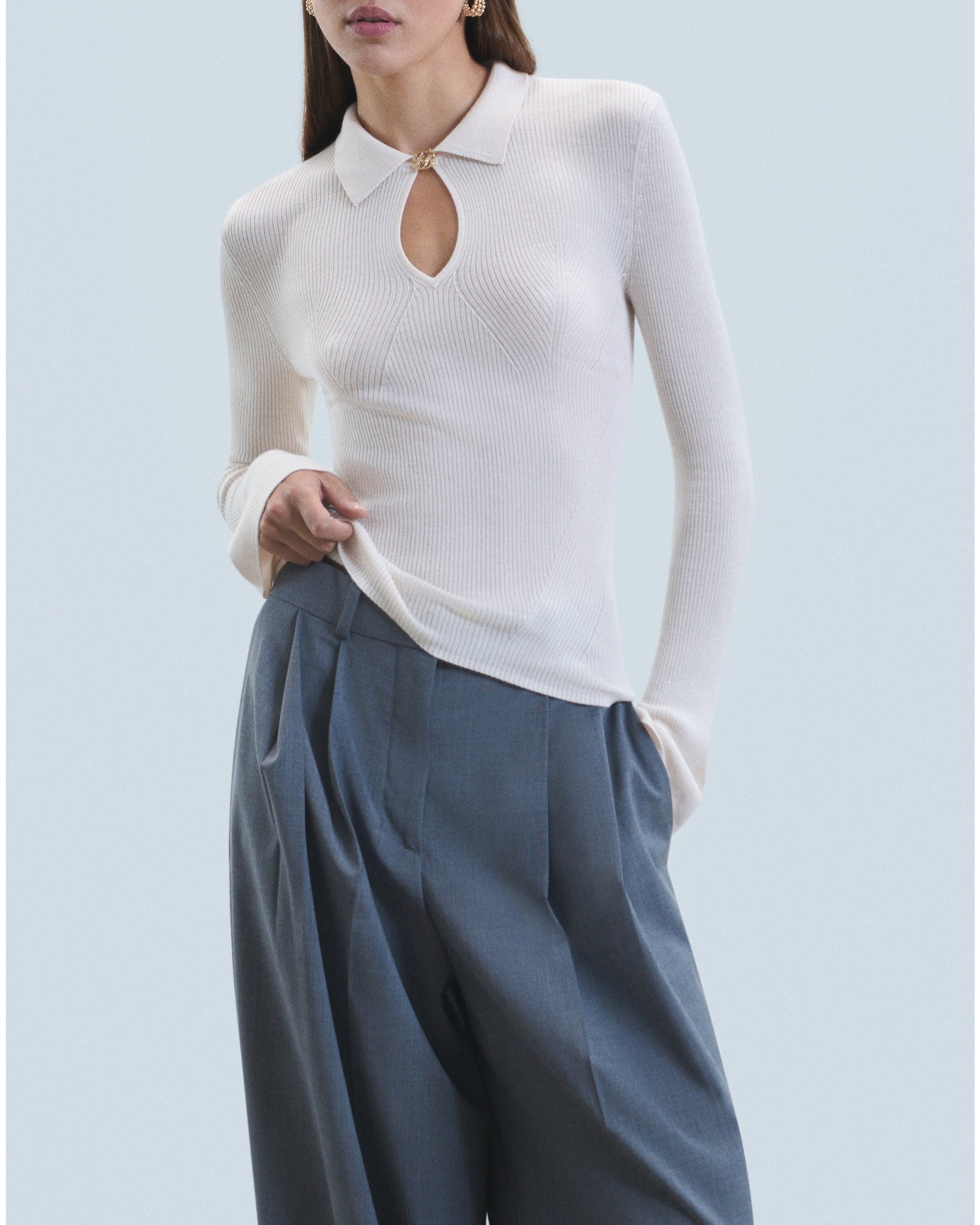 Pull à col polo en laine - Sable