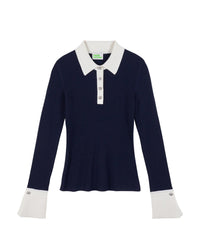 Pull à col polo en laine - Navy