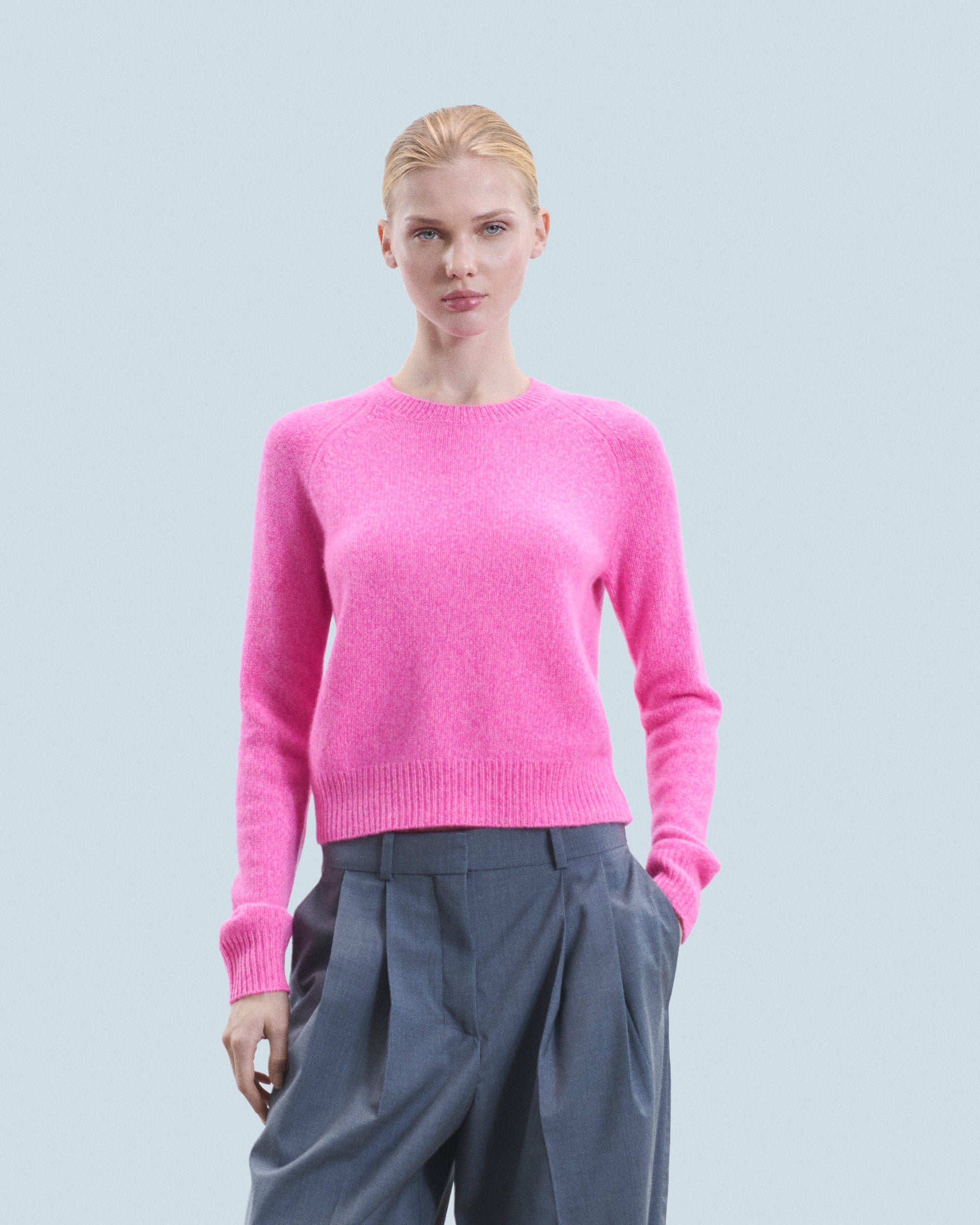 BRIGHT PINK MOULINE / NEW / QTY : 5 / Pull Col Rond Raglan - Bright Pink Mouline