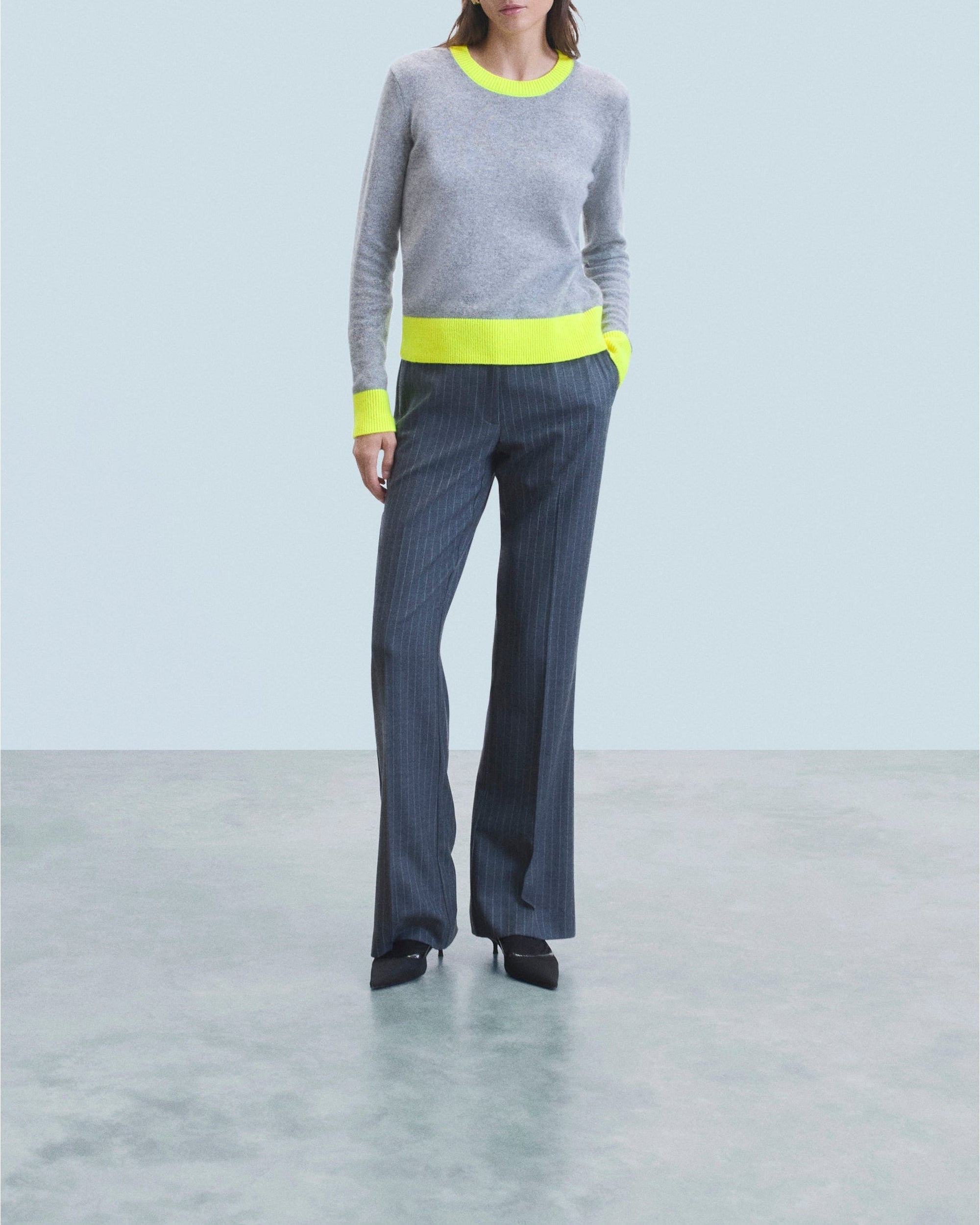 Pull à col rond bicolore en cachemire - Gris Chiné Foncé
