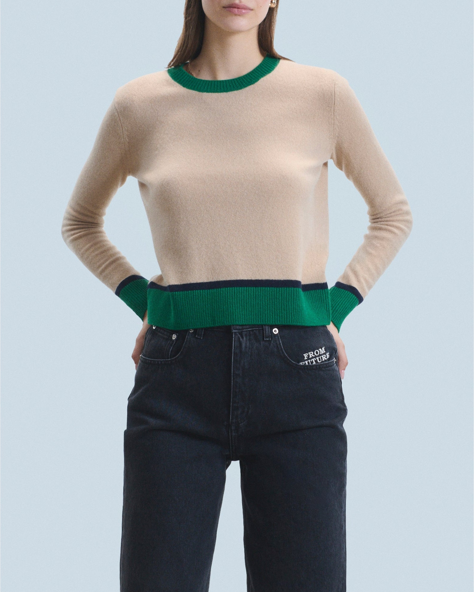 ZZ HORS LIGNE Pull à col rond bicolore en cachemire - Beige
