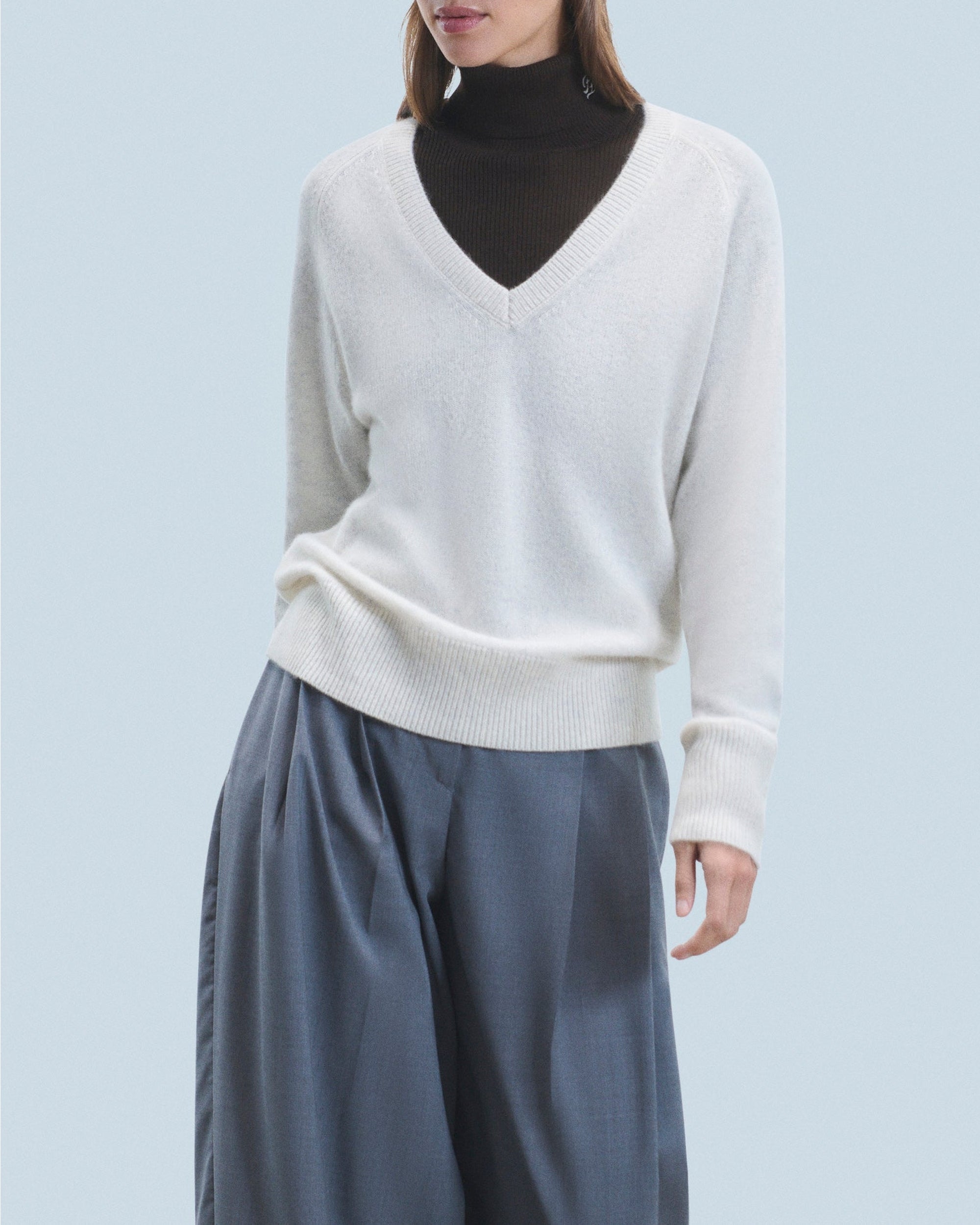 Pull oversize à col V en cachemire - Ecru Chiné