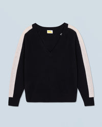 NOIR / NEW / QTY : 3 / Pull Col V Oversize Bandes Bicolore Léger - Noir