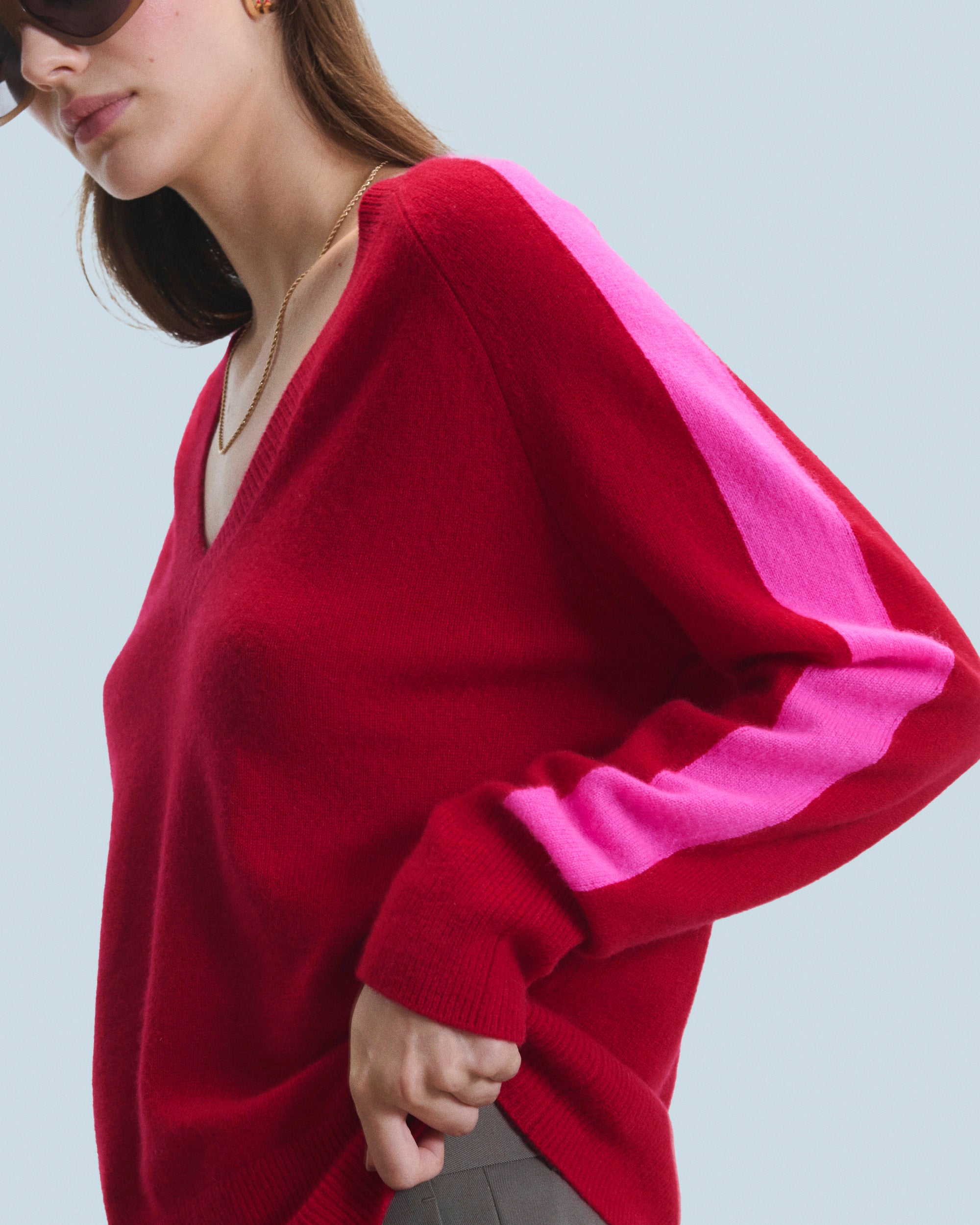 DARK RED / NEW / QTY : 6 / Pull Col V Oversize Bandes Bicolore Léger - Dark Red