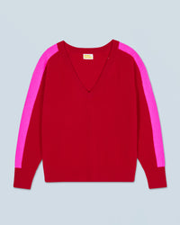 DARK RED / NEW / QTY : 6 / Pull Col V Oversize Bandes Bicolore Léger - Dark Red