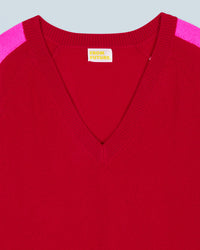 DARK RED / NEW / QTY : 6 / Pull Col V Oversize Bandes Bicolore Léger - Dark Red