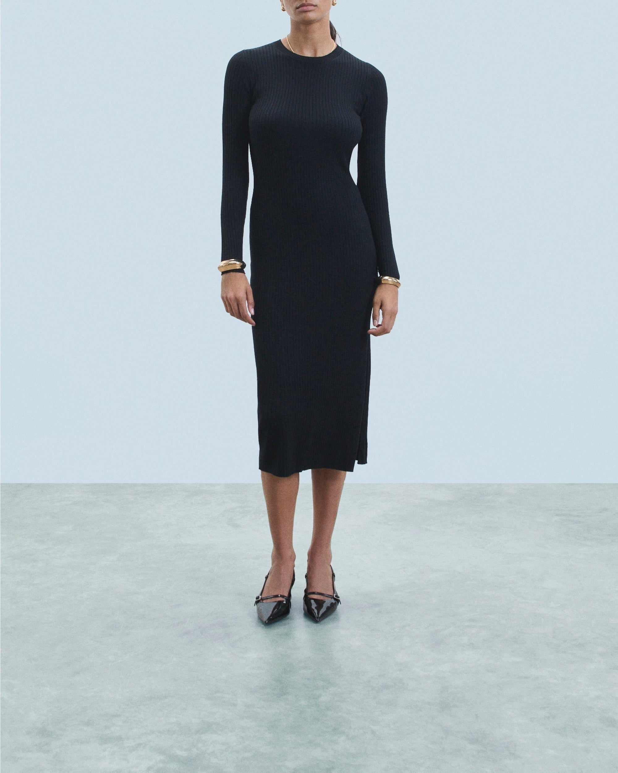 Robe longue à cotes fendue en laine - Noir