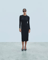 NOIR / NEW / QTY : 69 / Robe Longue Manche Longue à Cotes Fendue - Noir