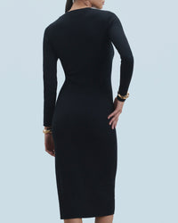 Robe longue à cotes fendue en laine - Noir