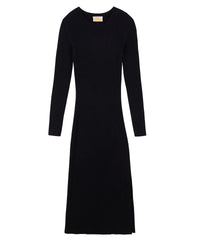 Robe longue à cotes fendue en laine - Noir