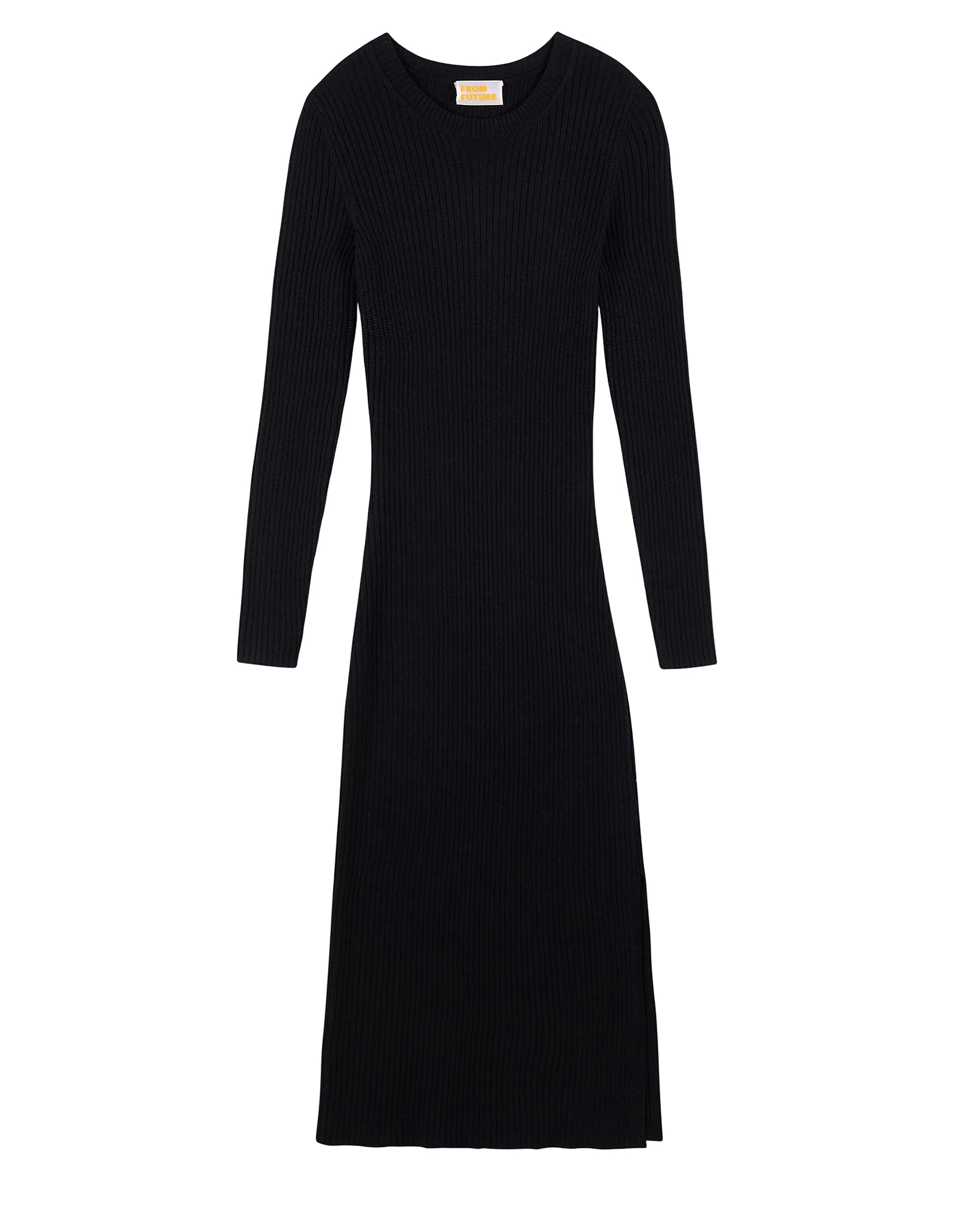 Robe longue à cotes fendue en laine - Noir
