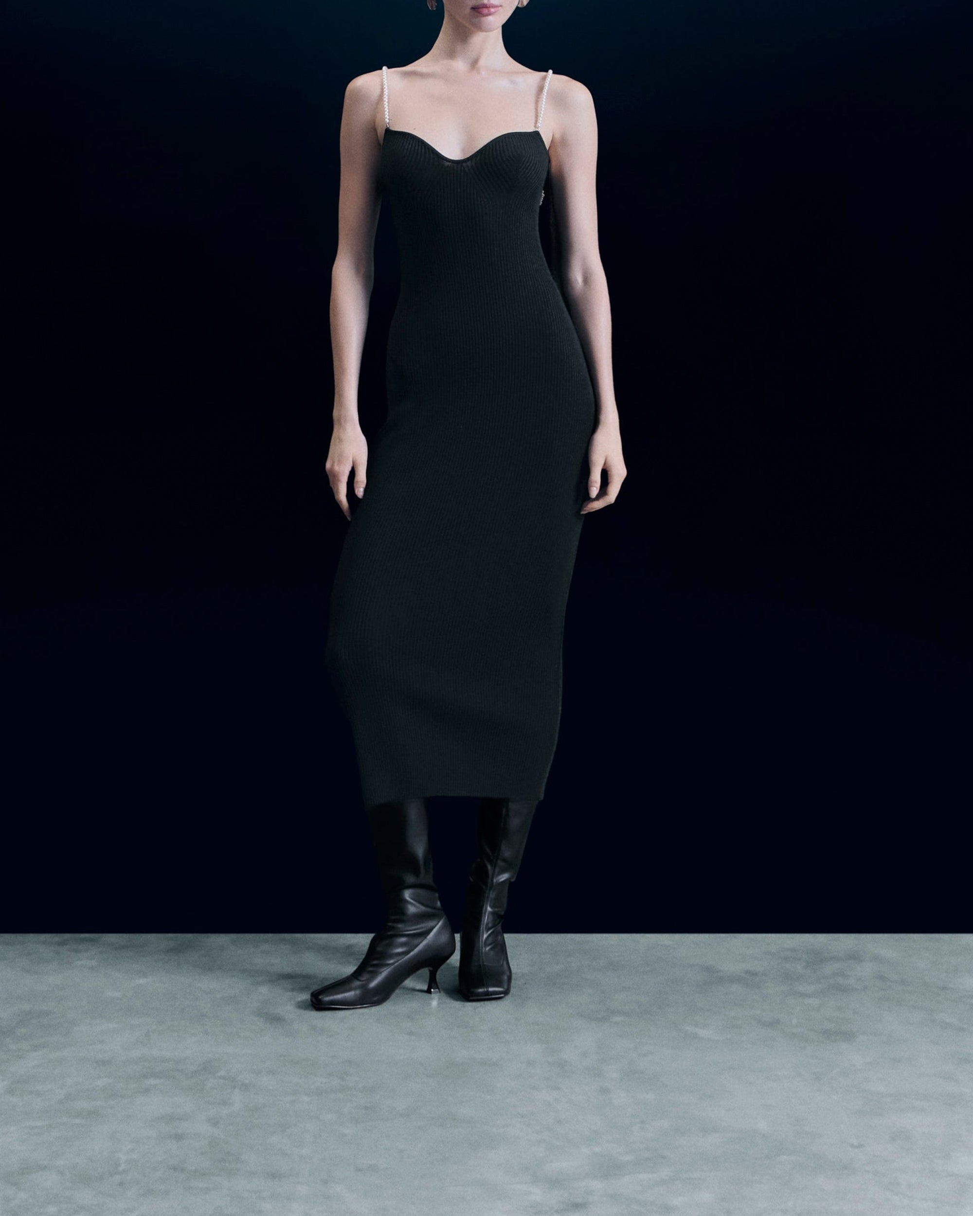 Robe longue à bretelles en laine - Noir