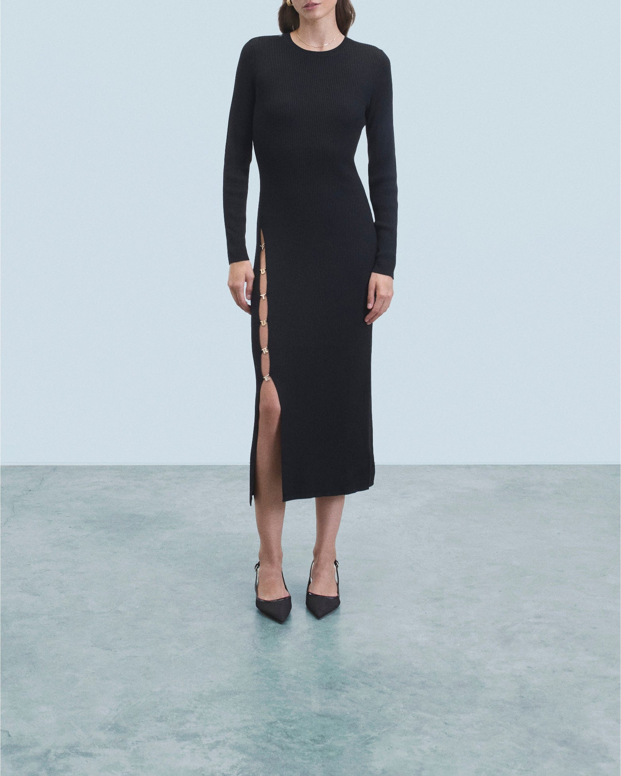 Robe longue à manches longues en laine - Noir