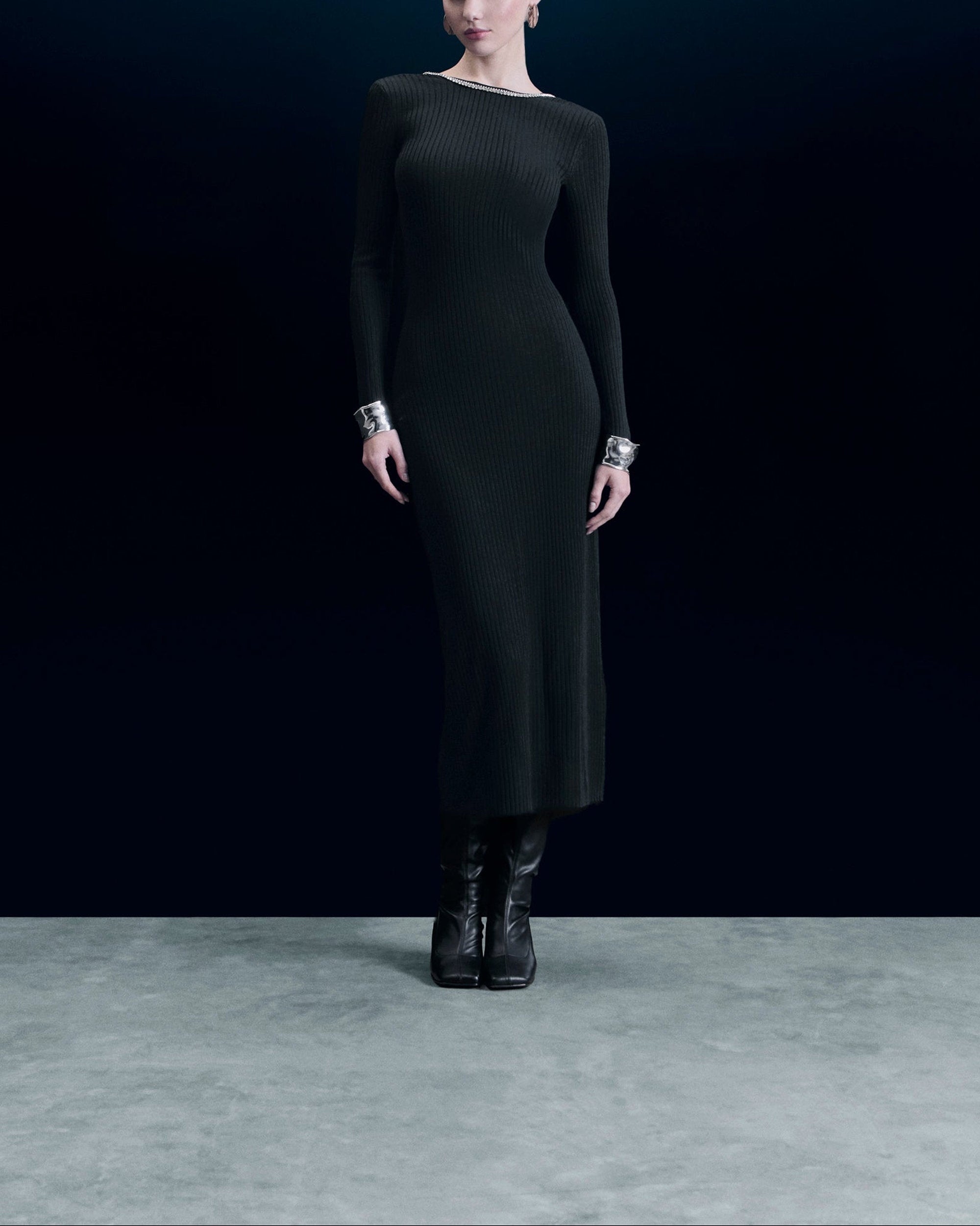 Robe longue à manches longues en laine - Noir