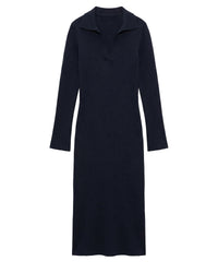 Robe longue à col polo en laine - Navy
