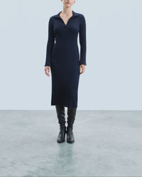 Robe longue à col polo en laine - Navy