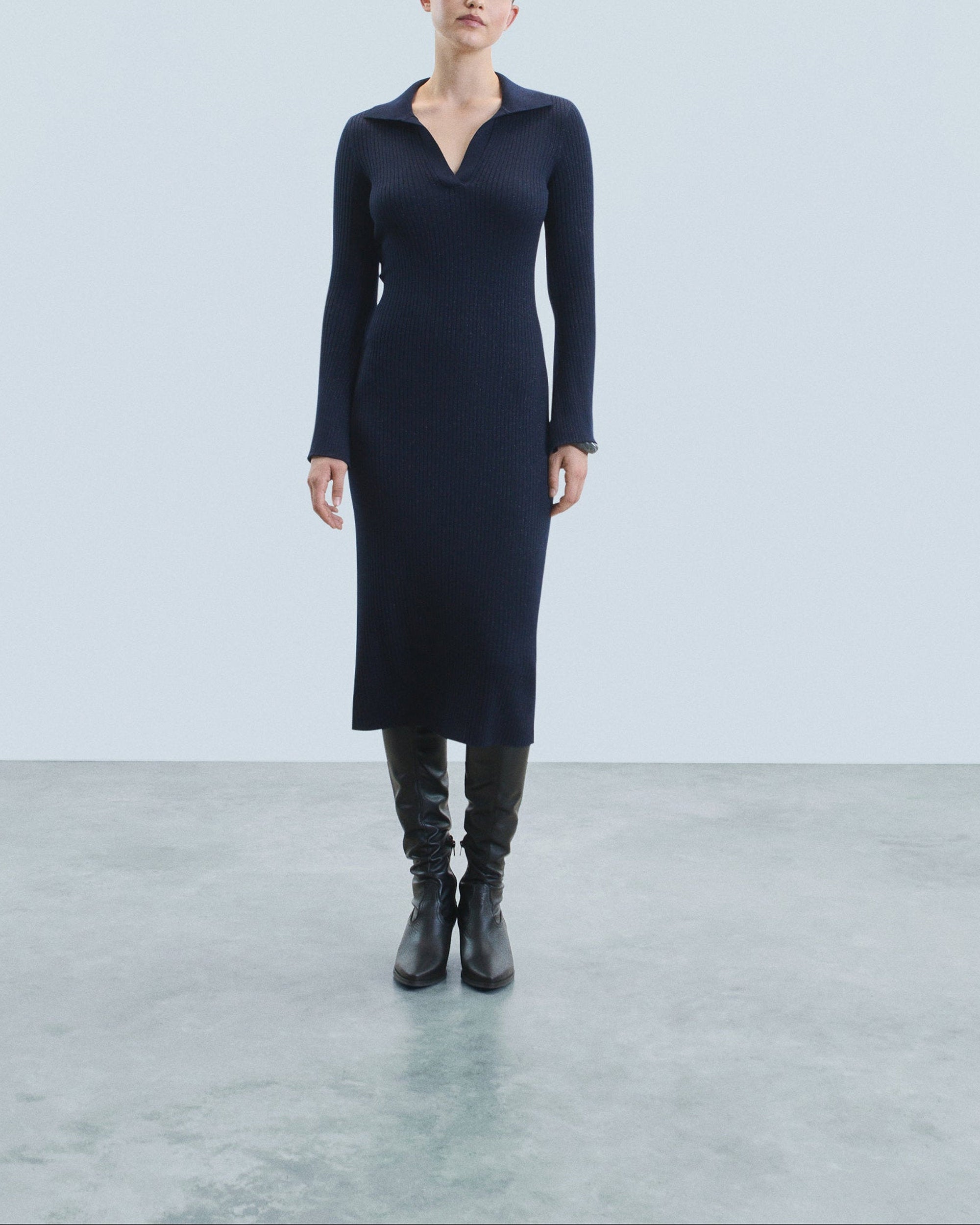 Robe longue à col polo en laine - Navy