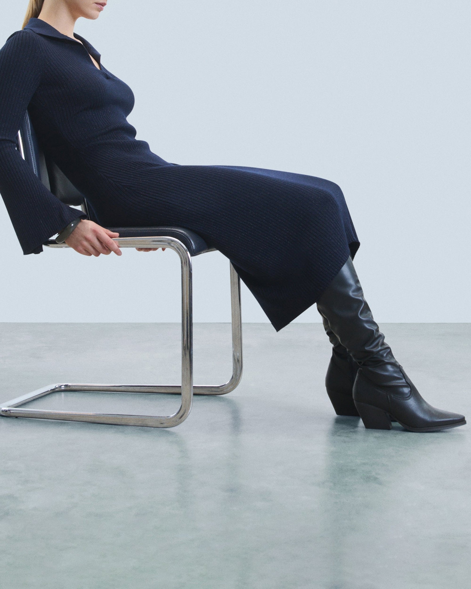 Robe longue à col polo en laine - Navy