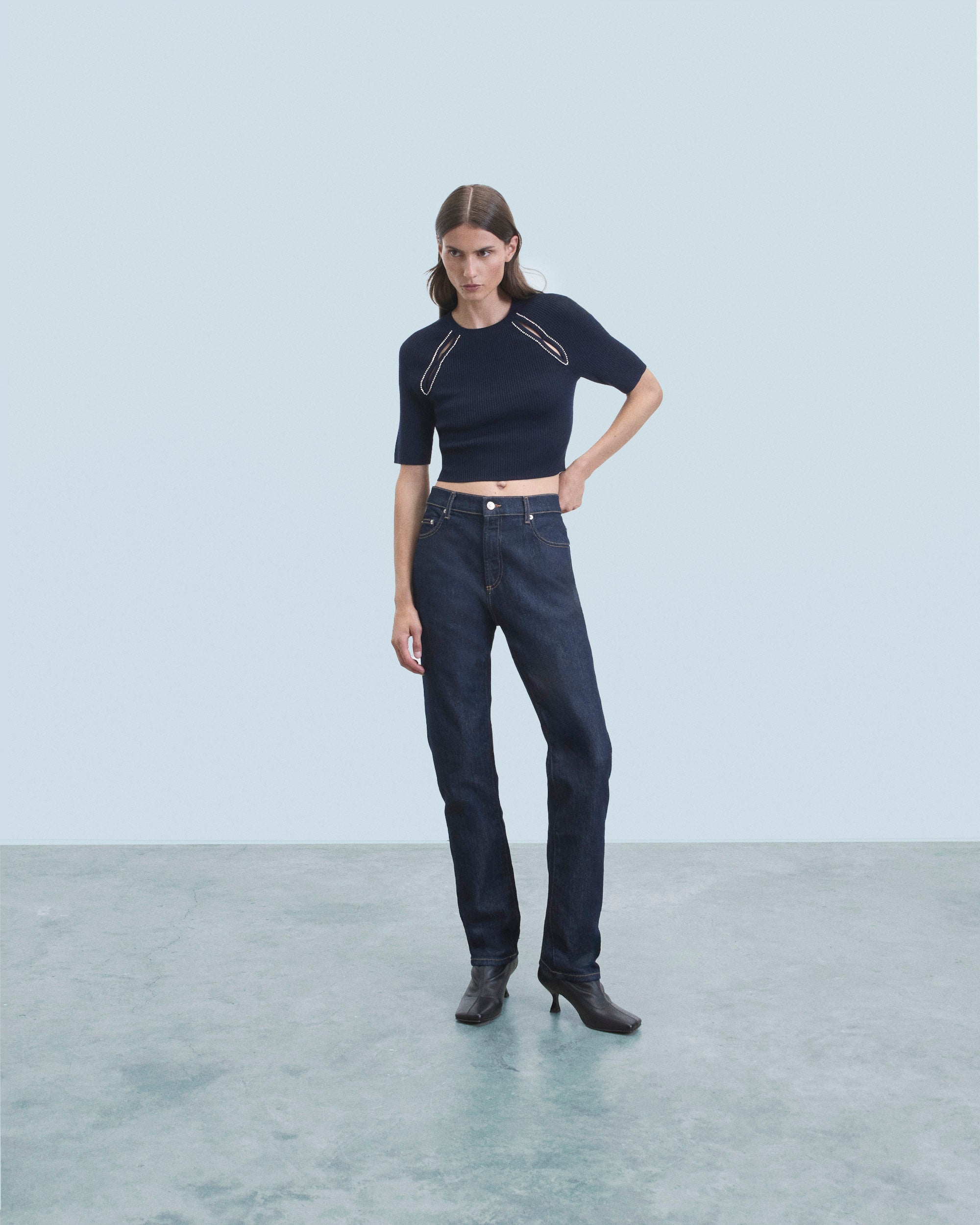 NAVY / NEW / QTY : 2 / Top Manches Courtes Ouvertures et Broderies - Navy