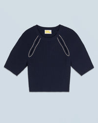 NAVY / NEW / QTY : 2 / Top Manches Courtes Ouvertures et Broderies - Navy