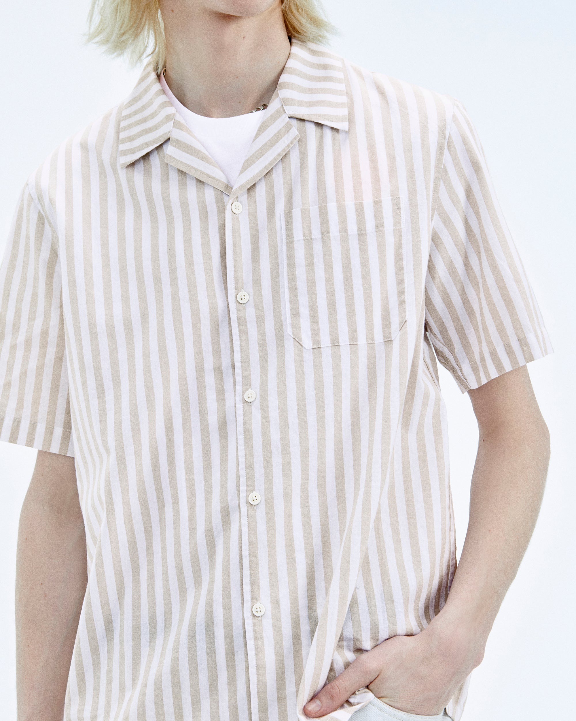 Y. ONLY PORTE / RAYURE BEIGE/ECRU / NEW / QTY : 17 / Chemise Manches Courtes Popeline - Rayure Beige/Ecru