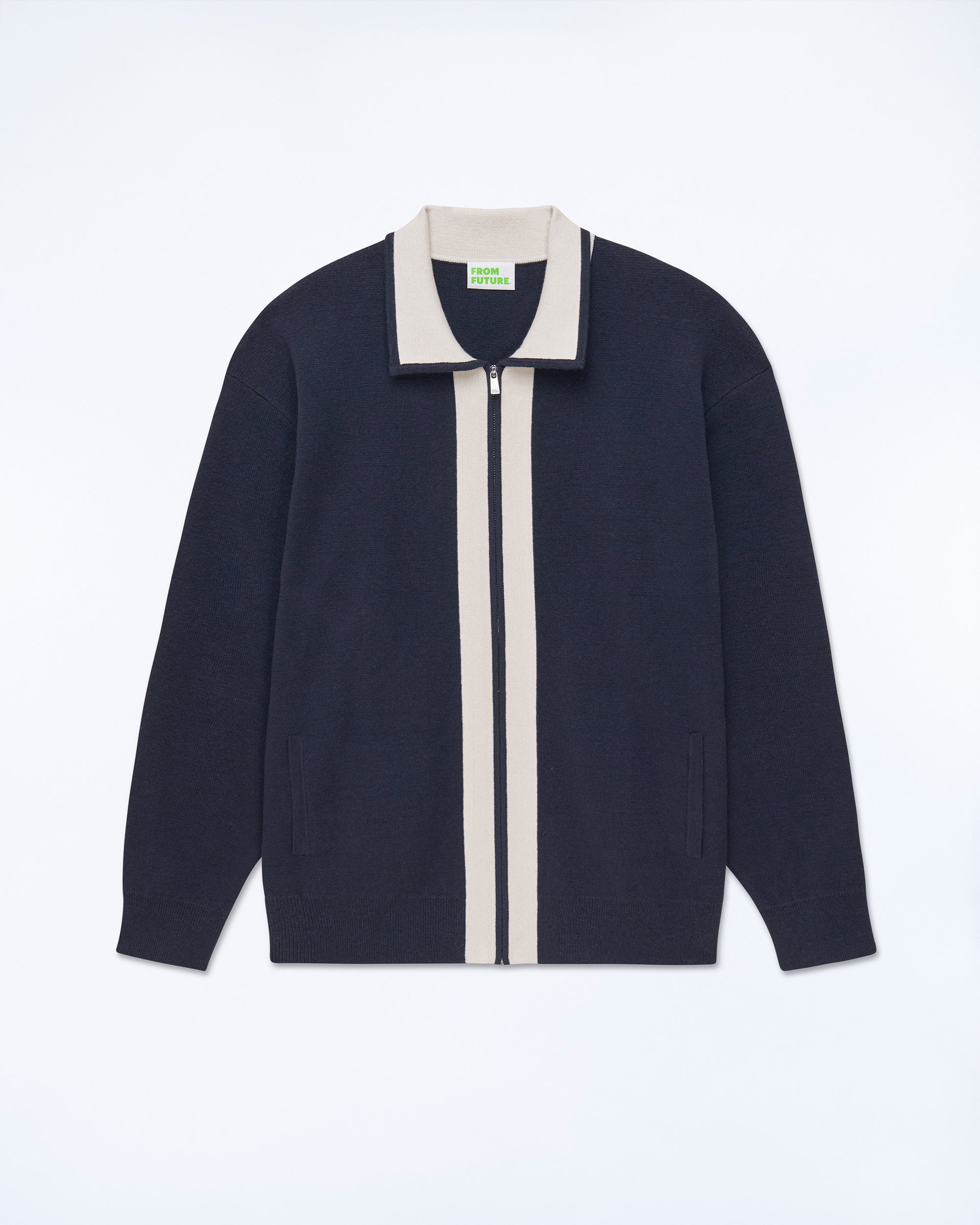 NAVY / NEW / QTY : 3 / Pull Gilet Zippé Bandes Bicolores - Navy