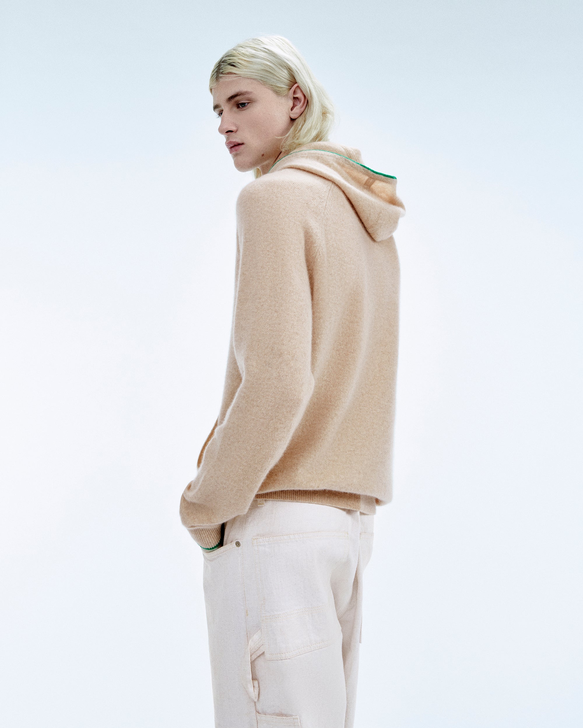Pull Hoodie à Poche et Liserets Contrastes  - Beige Chiné