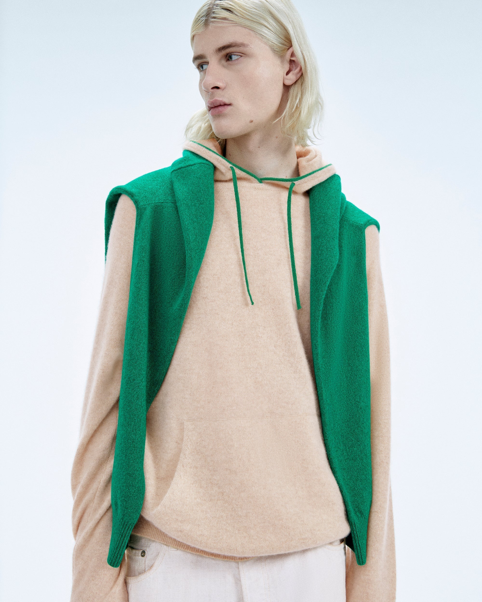 Pull Hoodie à Poche et Liserets Contrastes  - Beige Chiné