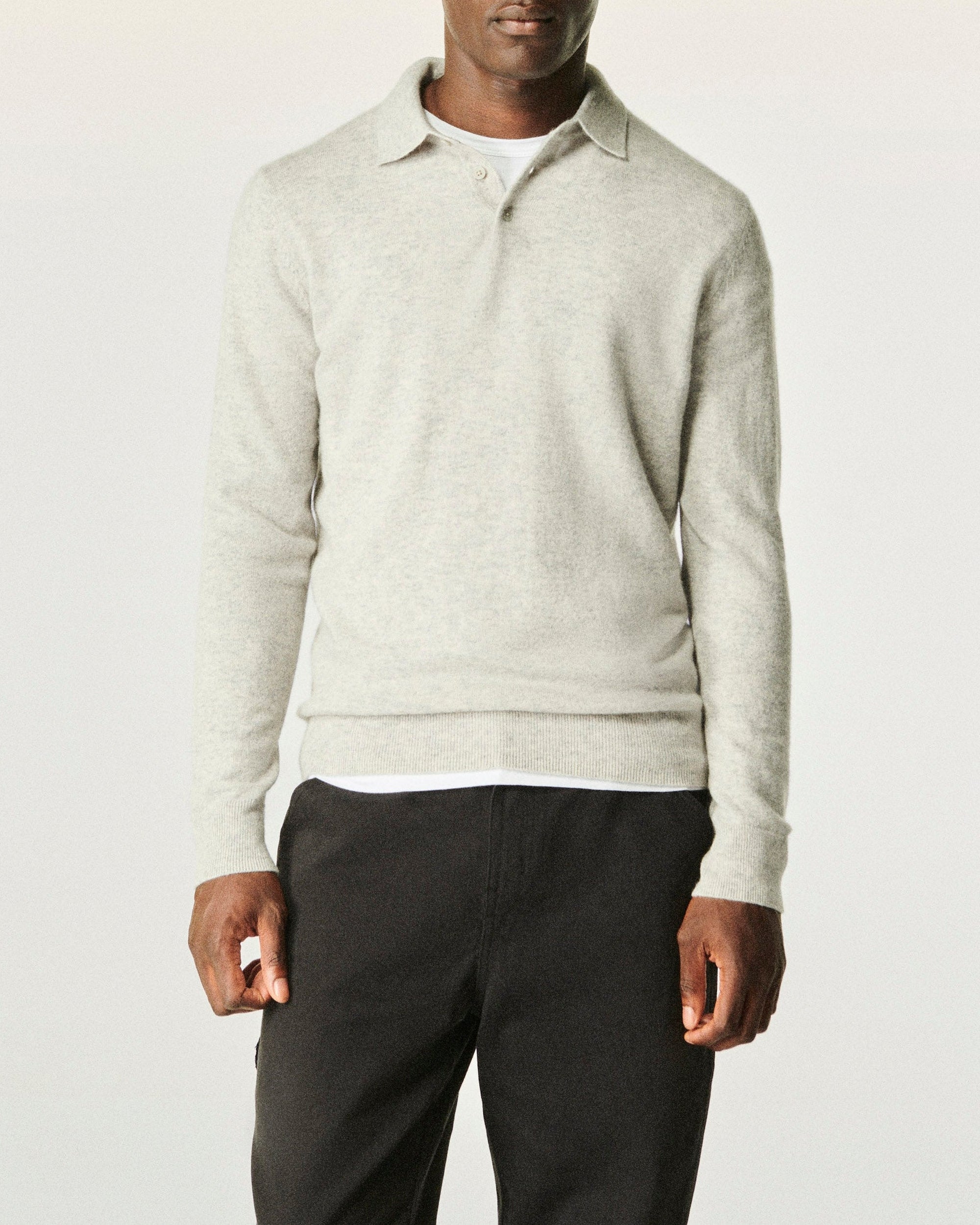 Pull à col polo uni en cachemire - Gris Chiné Clair
