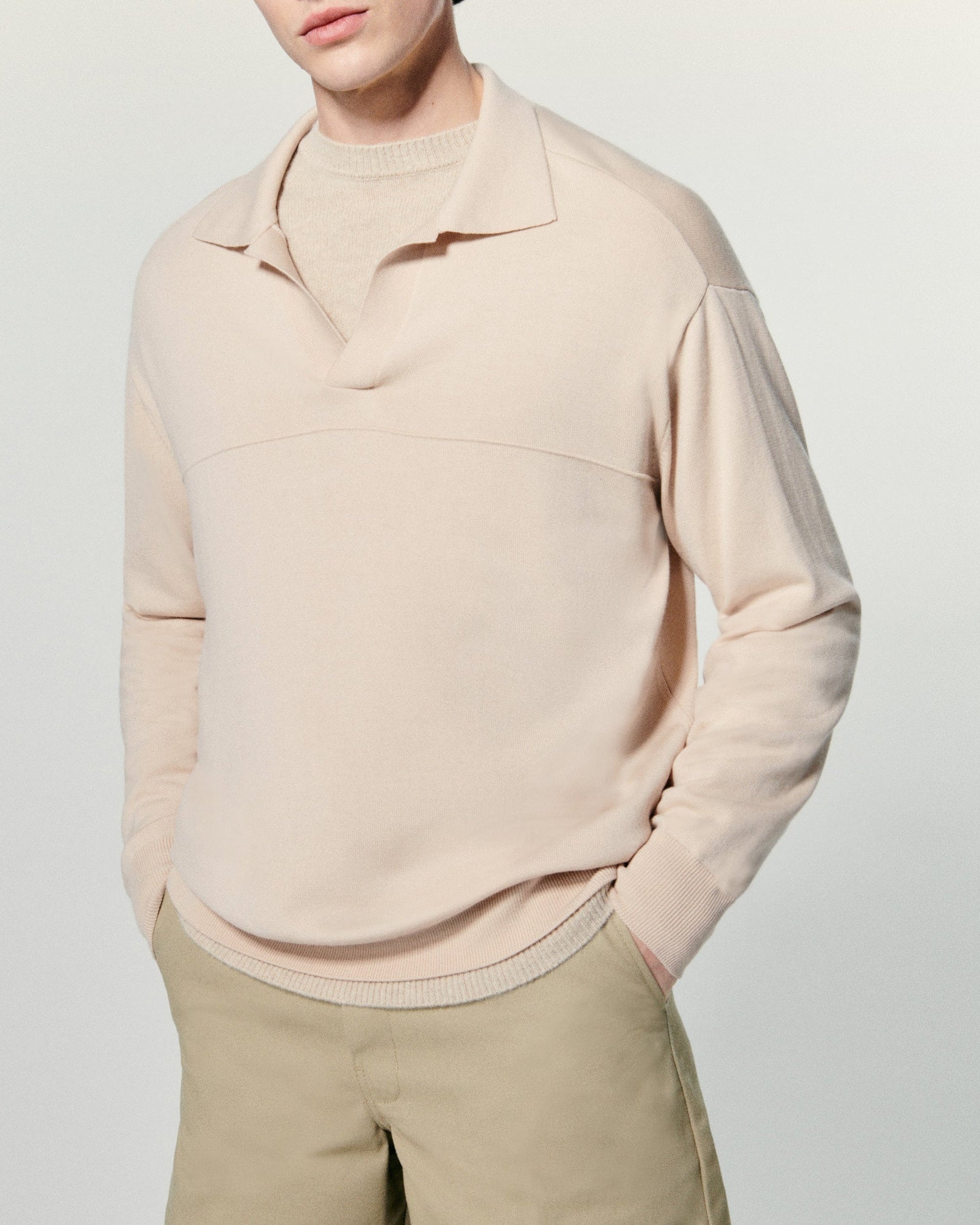 Pull à col polo en laine mérinos - Light Beige