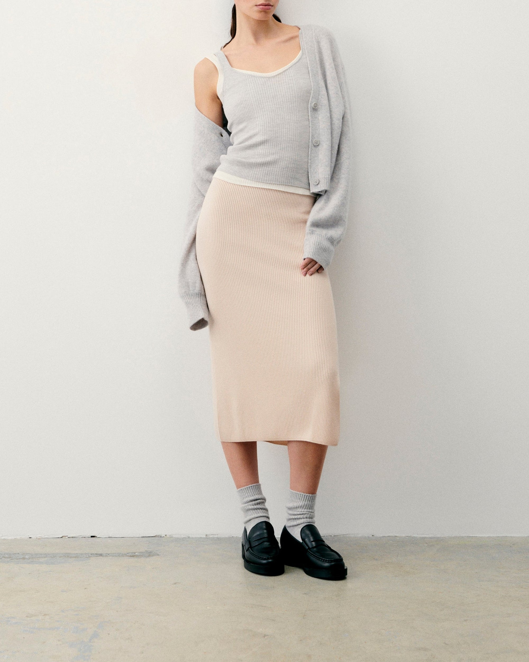 Jupe midi à côtes fendues en laine - Light Beige