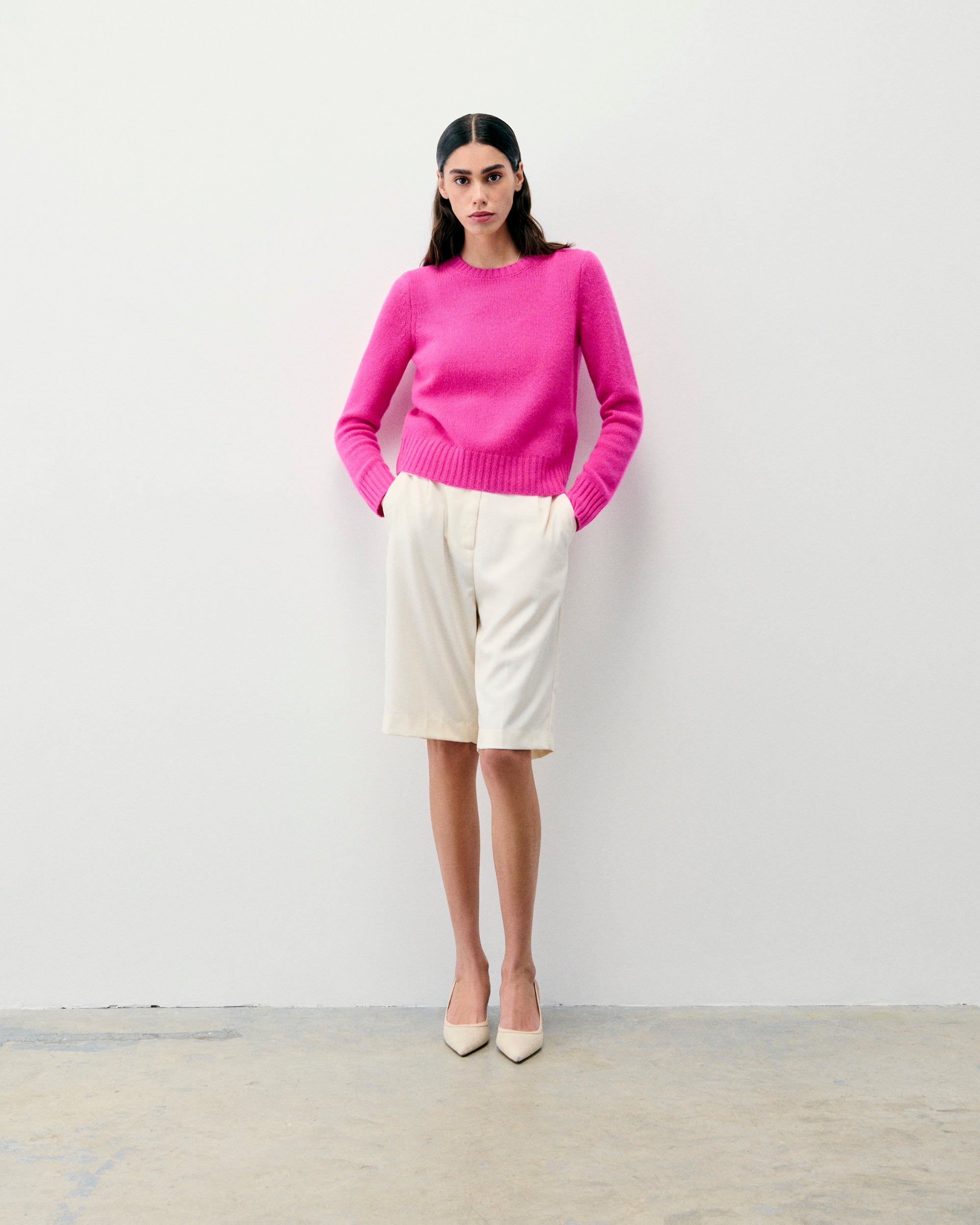 FUSCHIA PINK MOULINÉ / NEW / QTY : 1 / Pull Col Rond Court - Fuschia Pink Mouliné